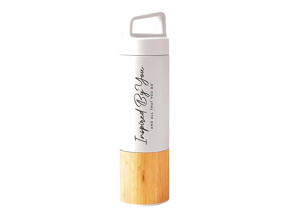 Baudville "Inspired by You and all that you do" Stainless Steel Double Wall Insulated Water Bottle, 18 oz., Bamboo/White