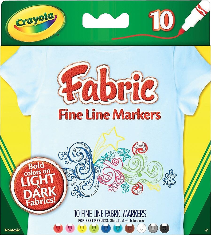 Crayola Fabric Marker, Fine Line Tip, 10/Pack