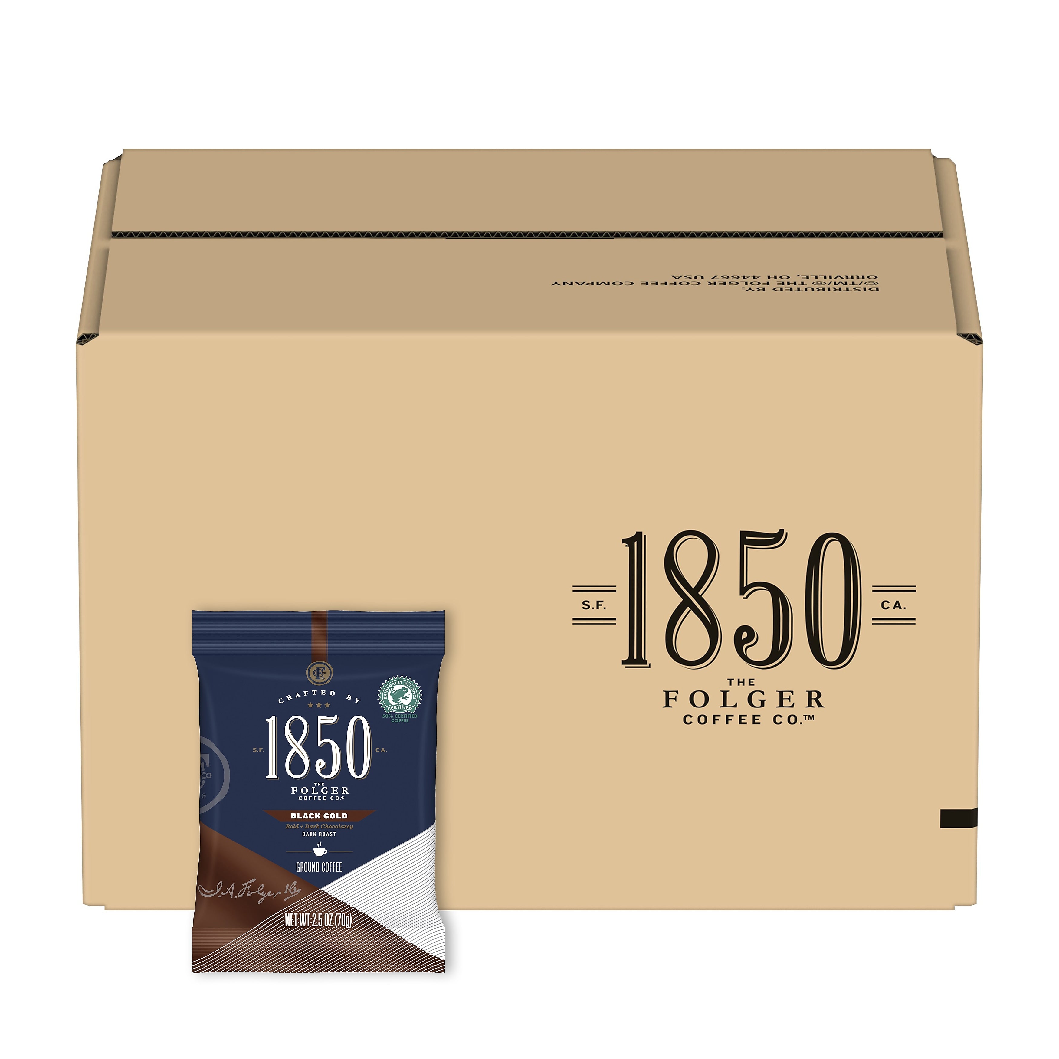 1850 Black Gold Ground Coffee, Fraction Pack, Dark Roast, 2.5 oz., 24/Carton