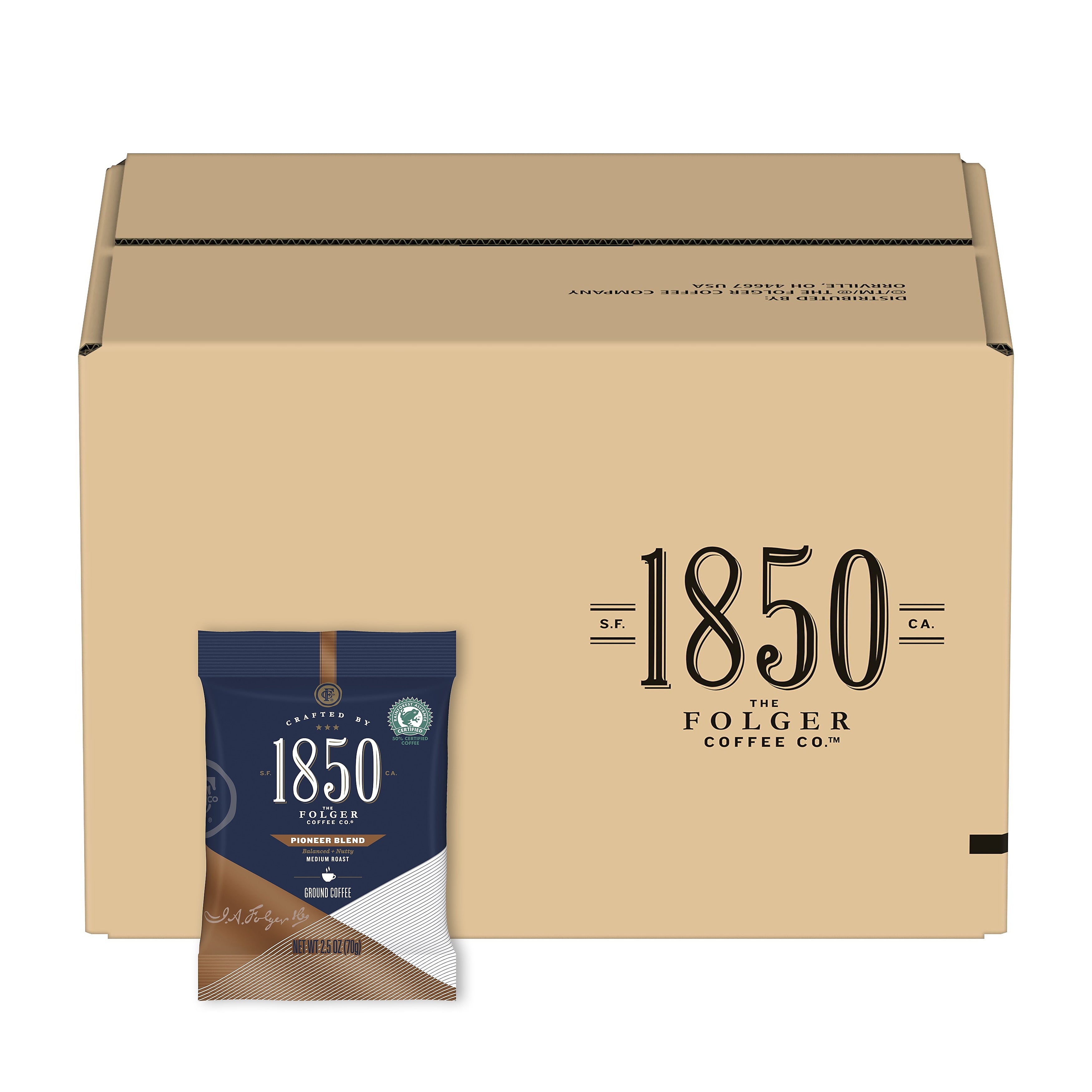 1850 Pioneer Blend Ground Coffee, Medium Roast, 2.5 oz. Fraction Pack, 24/Carton