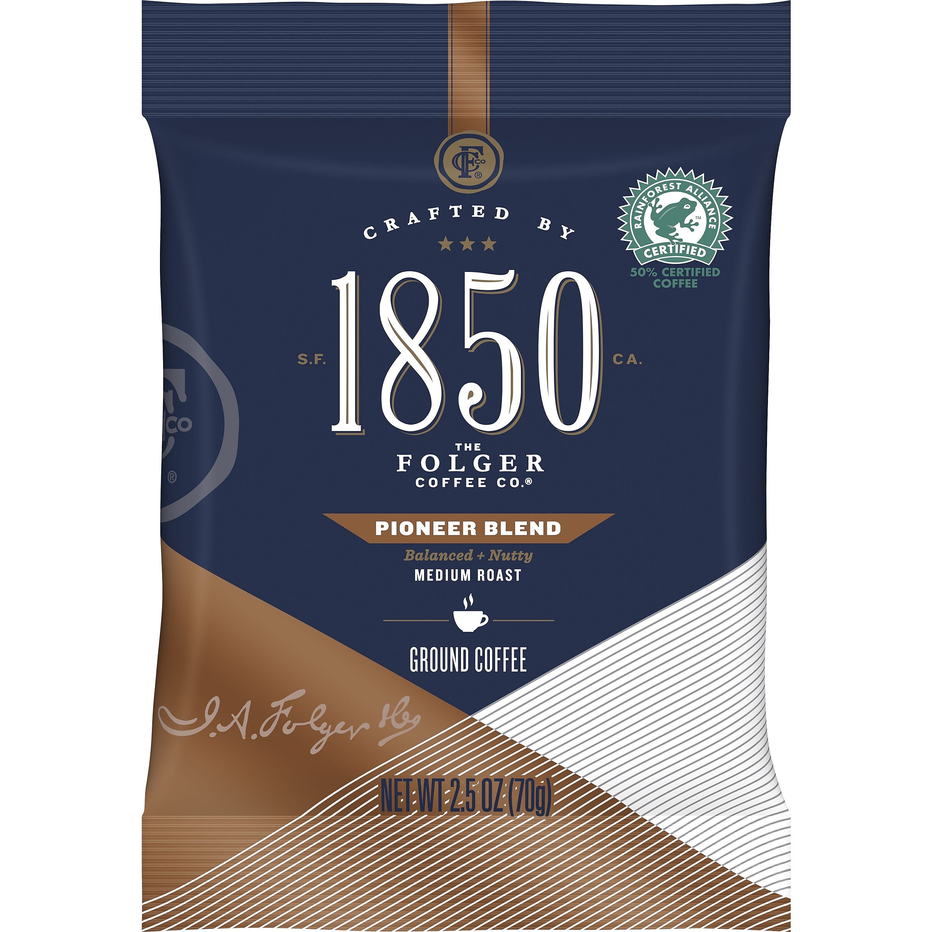 1850 Pioneer Blend Ground Coffee, Medium Roast, 2.5 oz. Fraction Pack, 24/Carton