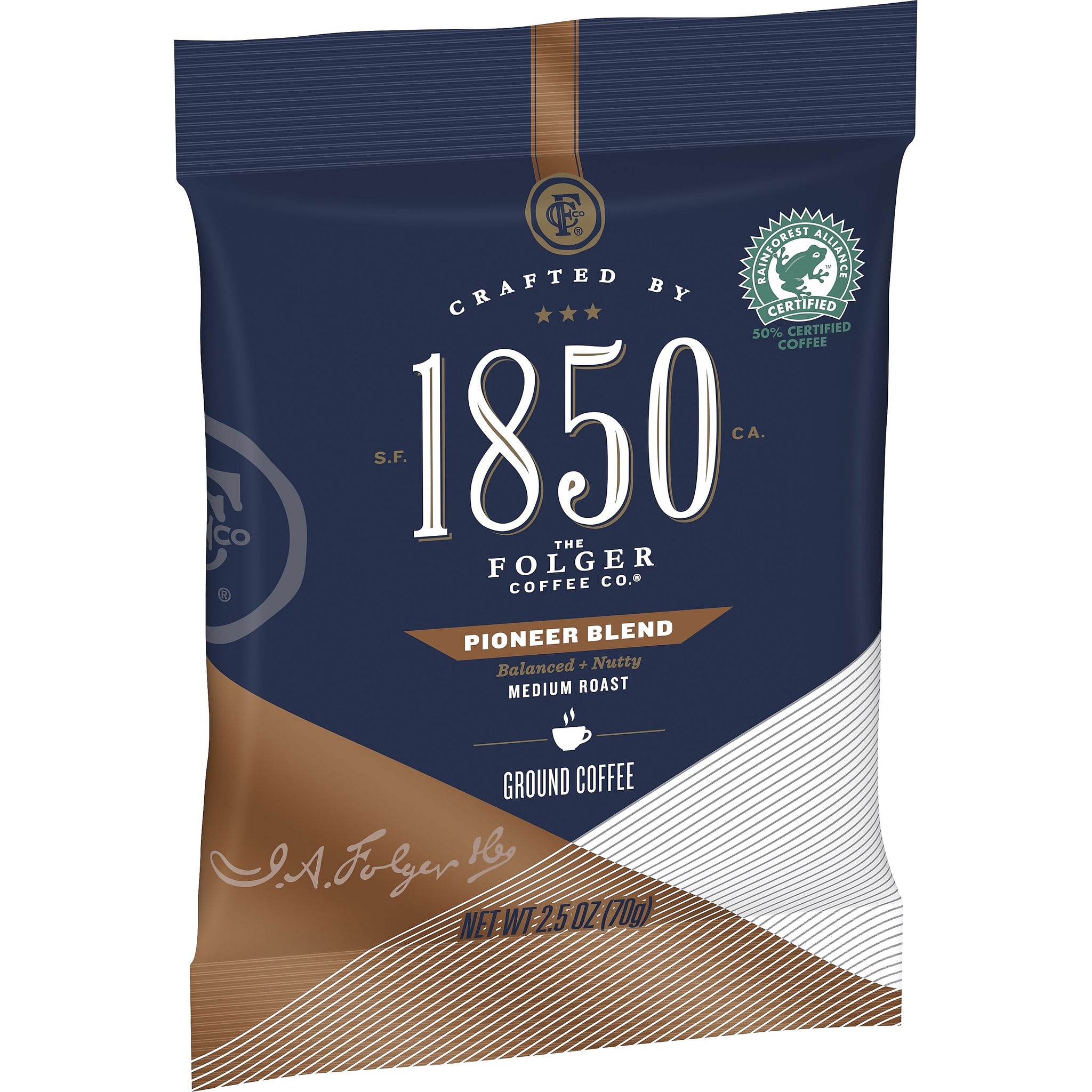1850 Pioneer Blend Ground Coffee, Medium Roast, 2.5 oz. Fraction Pack, 24/Carton
