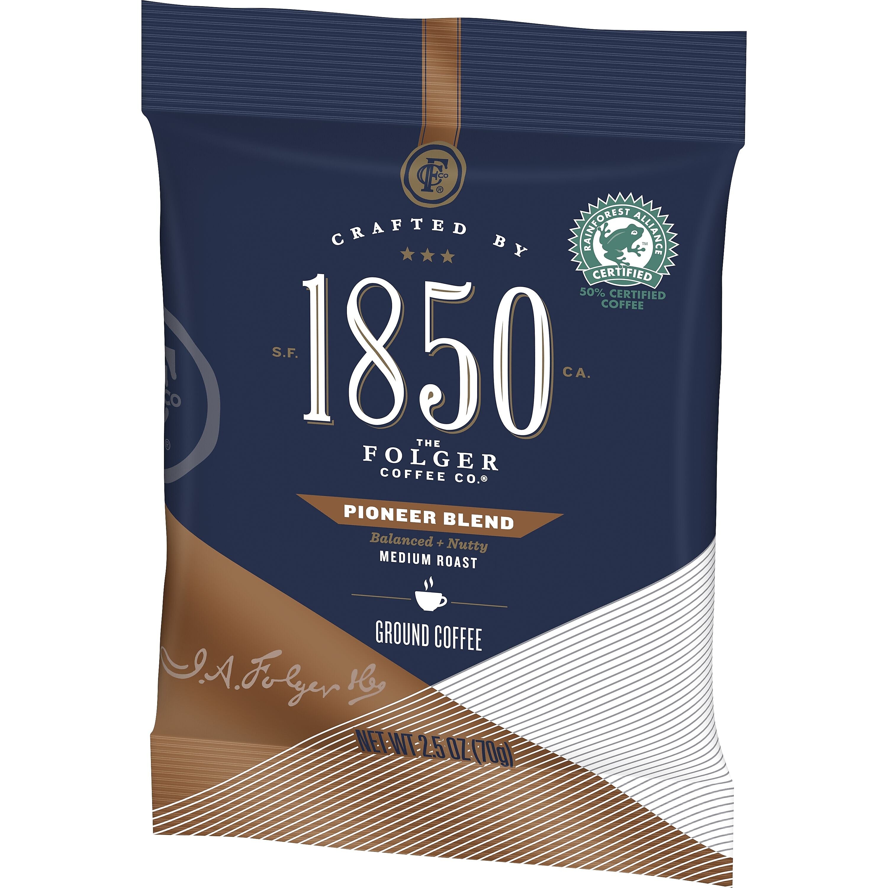 1850 Pioneer Blend Ground Coffee, Medium Roast, 2.5 oz. Fraction Pack, 24/Carton