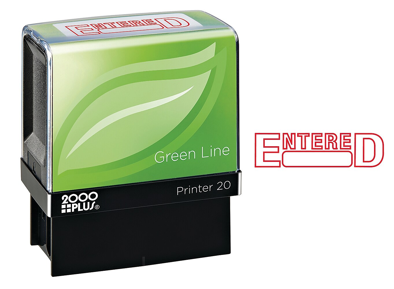 2000 Plus Green Line Pre-Inked Stamp, ENTERED, Red Ink
