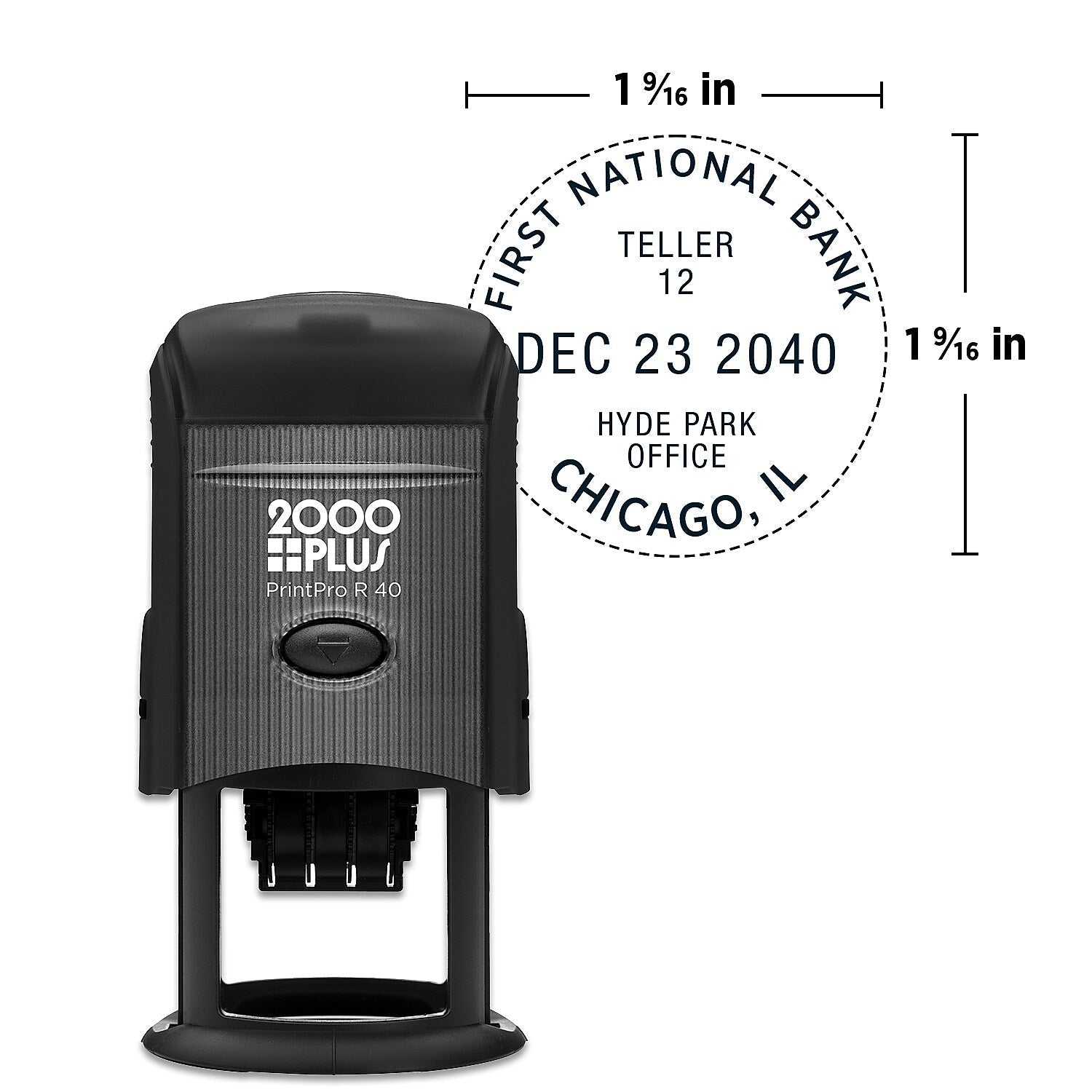 2000 Plus PrintPro Self-Inking R40D Light Duty Round Date Stamp, 1 9/16