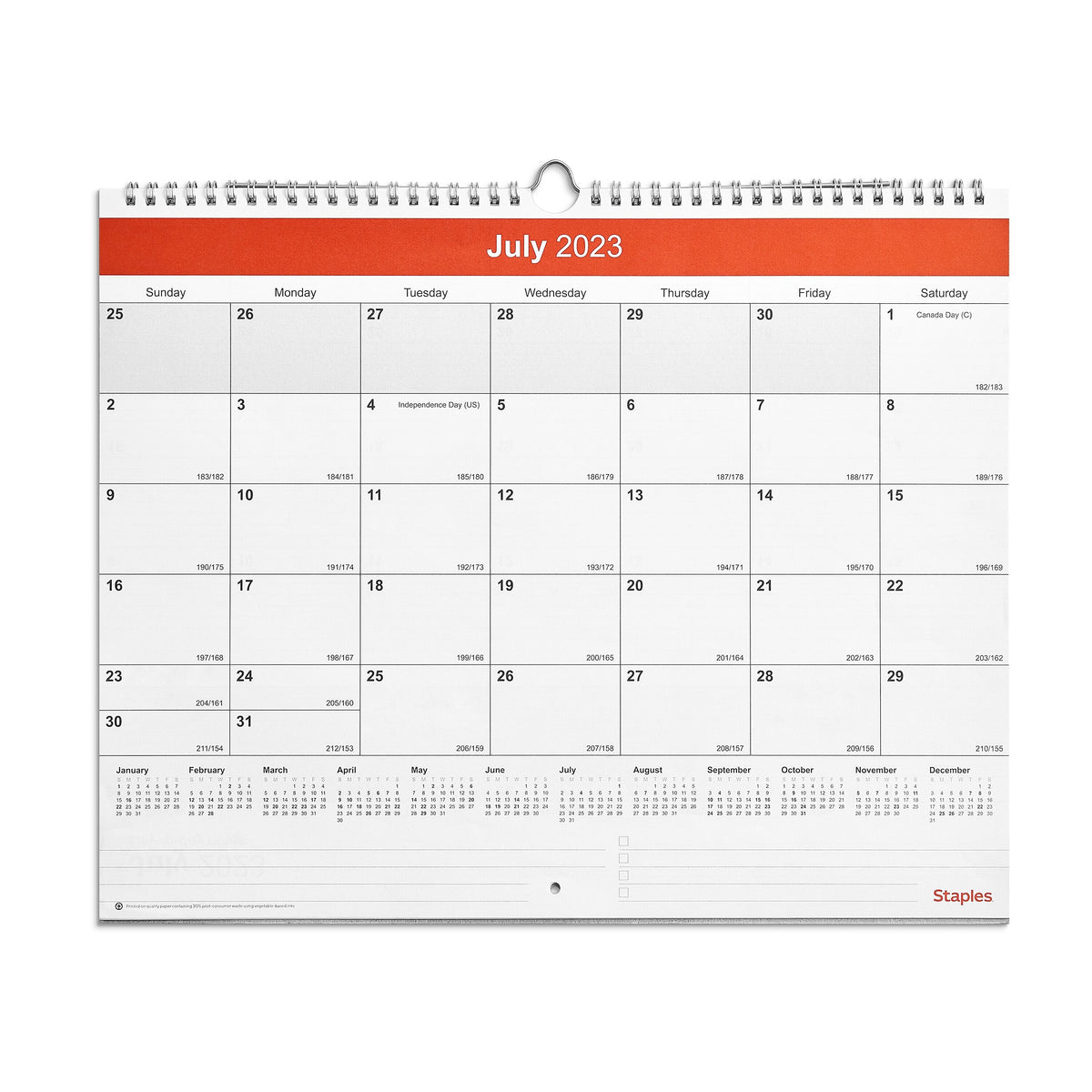 2023-2024 Staples 15" x 12" Academic Monthly Wall Calendar, Red/White
