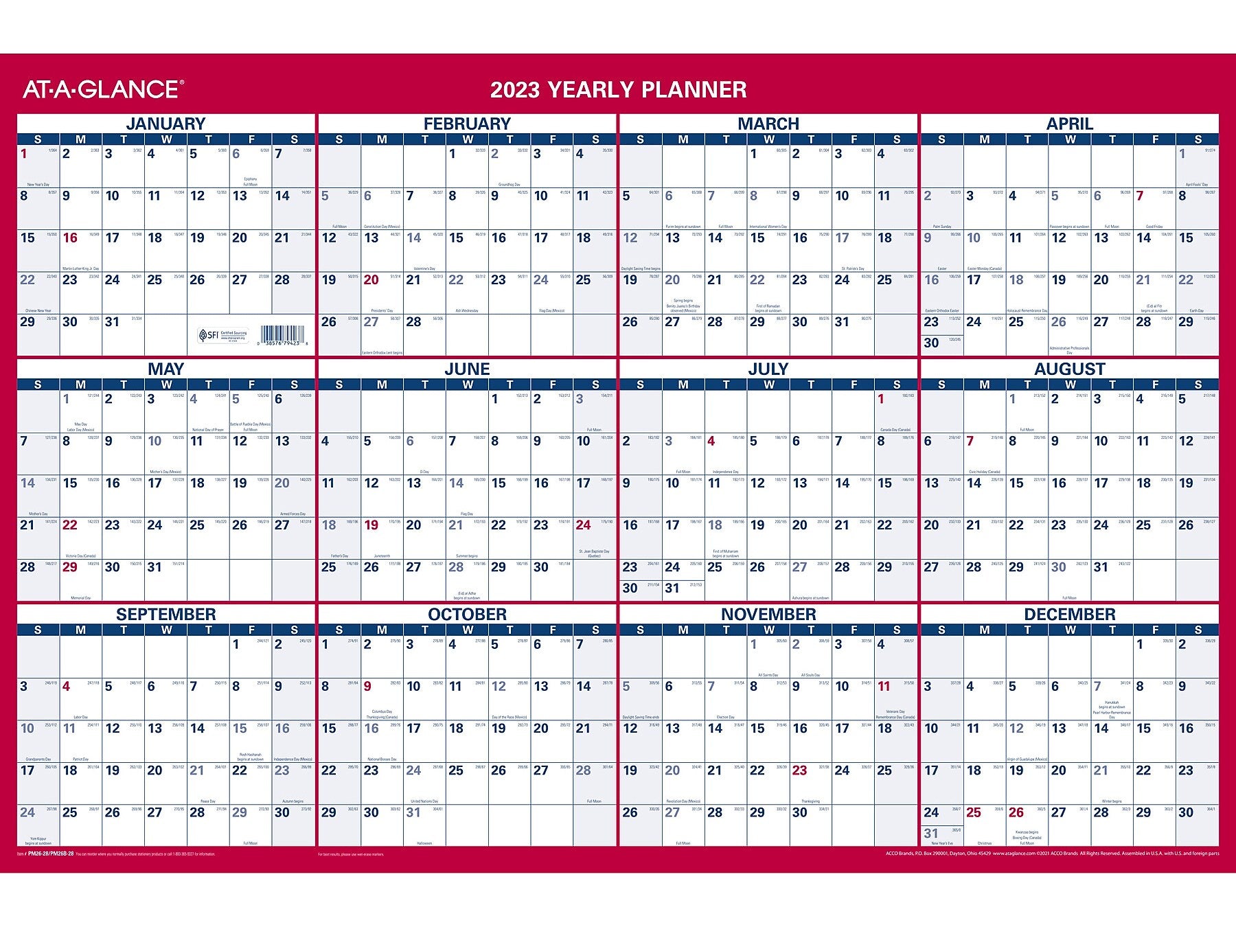 2023 AT-A-GLANCE 36" x 24" Yearly Wet-Erase Wall Calendar, Reversible, Red/Blue