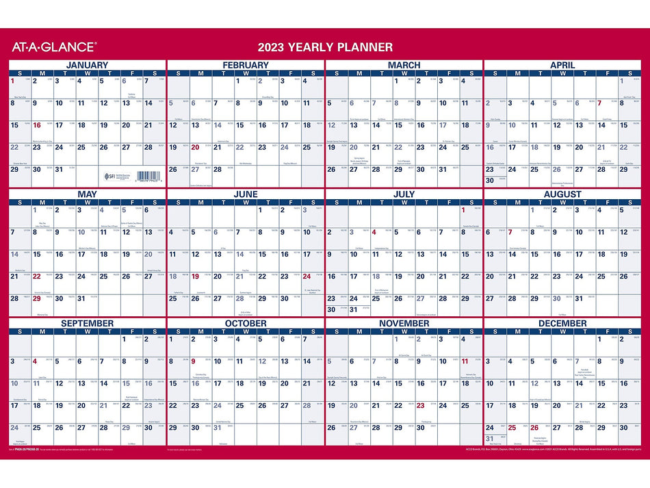 2023 AT-A-GLANCE 36" x 24" Yearly Wet-Erase Wall Calendar, Reversible, Red/Blue