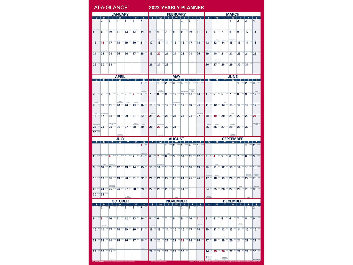 2023 AT-A-GLANCE 36" x 24" Yearly Wet-Erase Wall Calendar, Reversible, Red/Blue