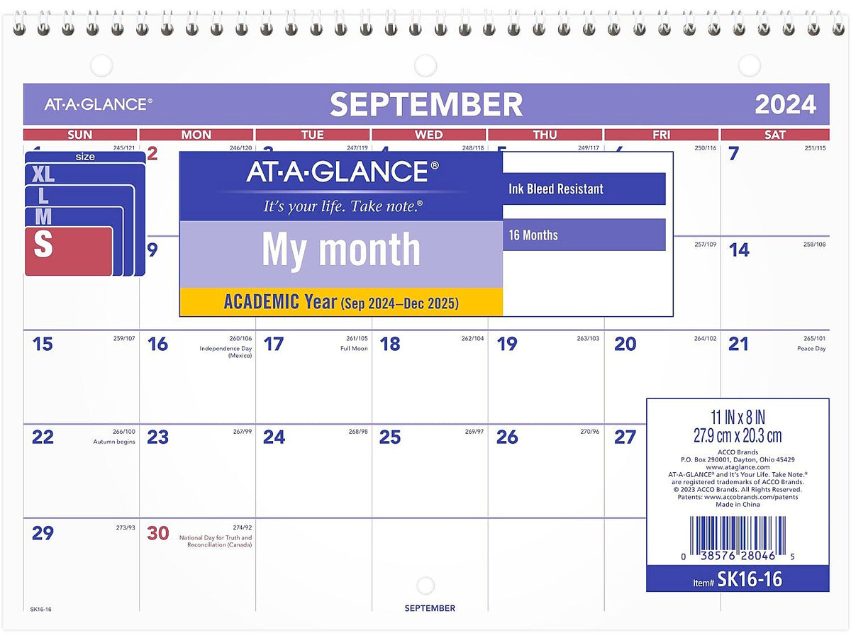 2024-2025 AT-A-GLANCE 11" x 8" Academic Monthly Desk or Wall Calendar, Purple/Red