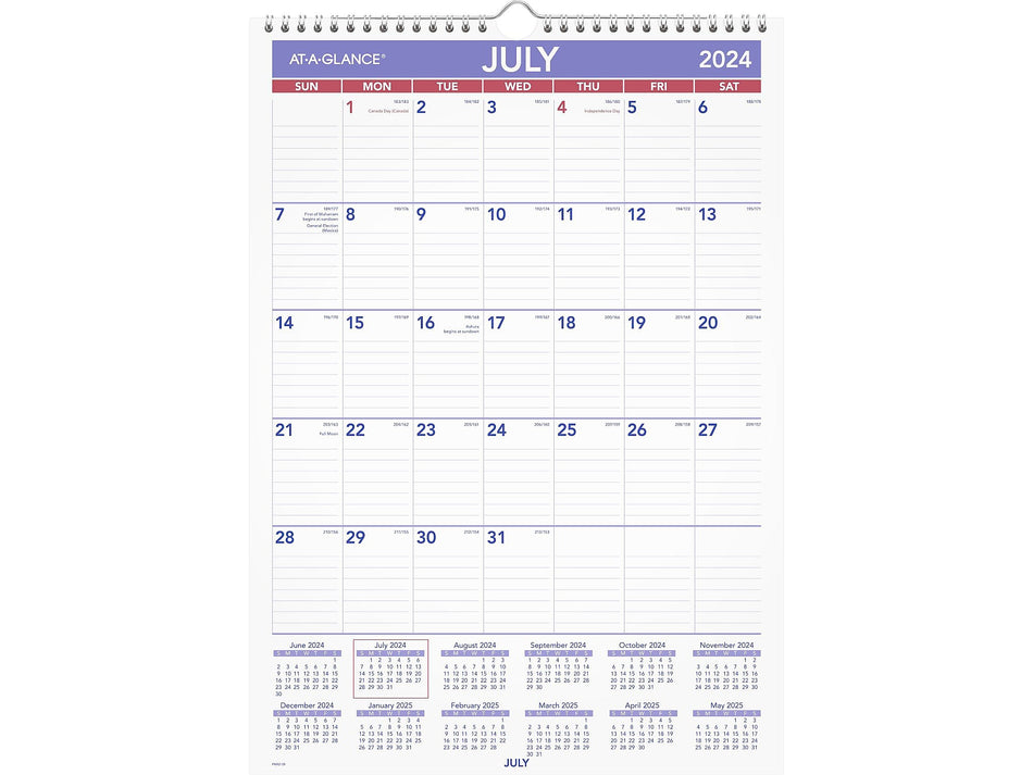 2024-2025 AT-A-GLANCE 12" x 17" Academic Monthly Wall Calendar, Purple/Red