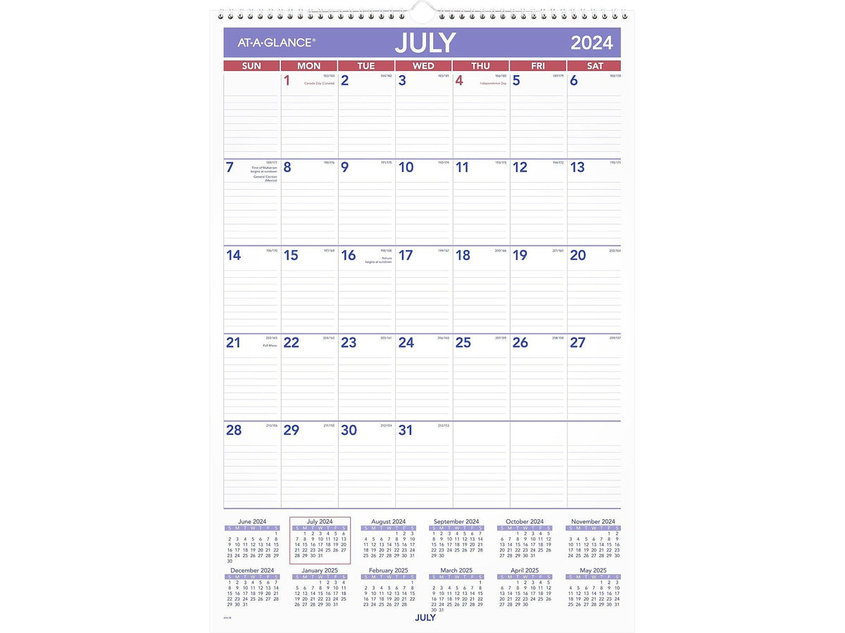 2024-2025 AT-A-GLANCE 15.5" x 22.75" Academic Monthly Wall Calendar, Purple/Red