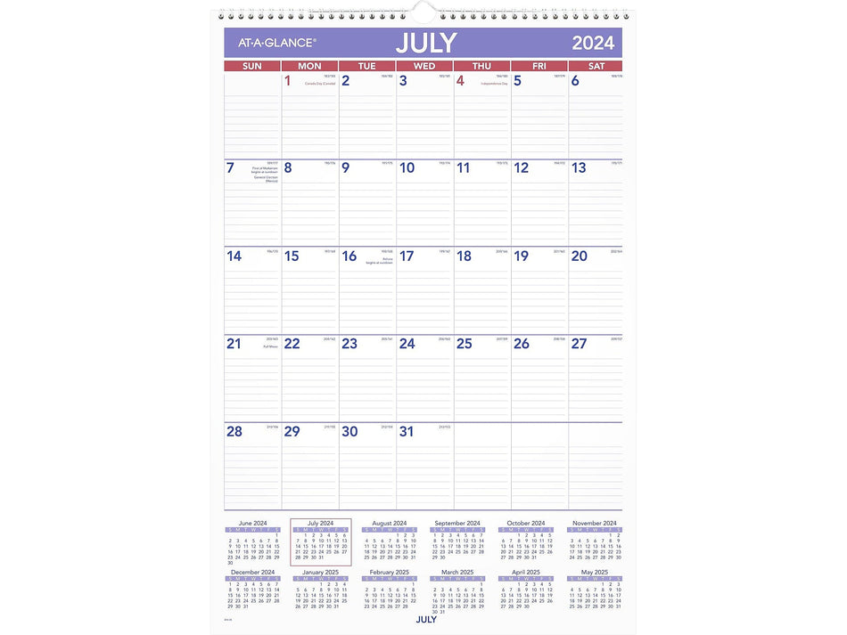 2024-2025 AT-A-GLANCE 15.5" x 22.75" Academic Monthly Wall Calendar, Purple/Red