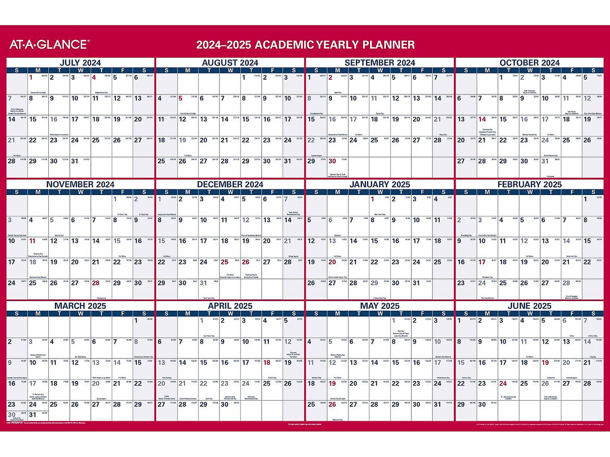 2024-2025 AT-A-GLANCE 48" x 32" Academic Yearly Wet-Erase Wall Calendar, Reversible, White/Red