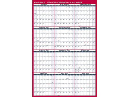 2024-2025 AT-A-GLANCE 48" x 32" Academic Yearly Wet-Erase Wall Calendar, Reversible, White/Red