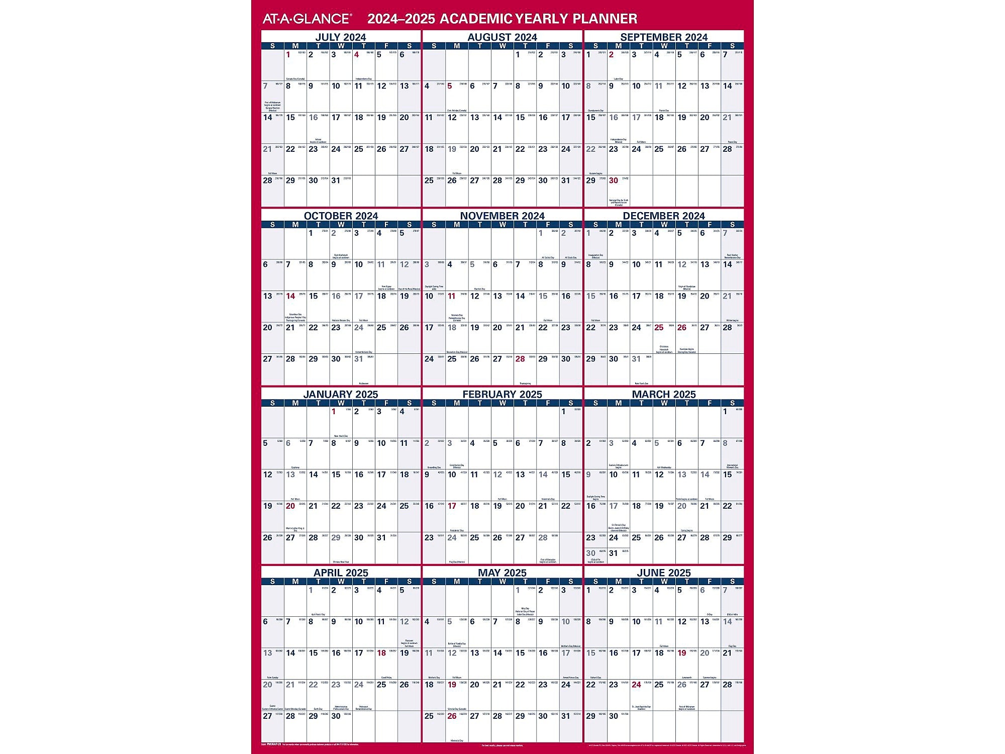 2024-2025 AT-A-GLANCE 48" x 32" Academic Yearly Wet-Erase Wall Calendar, Reversible, White/Red