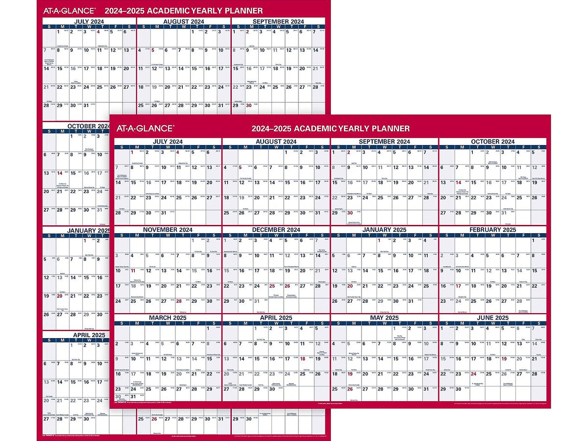 2024-2025 AT-A-GLANCE 48" x 32" Academic Yearly Wet-Erase Wall Calendar, Reversible, White/Red