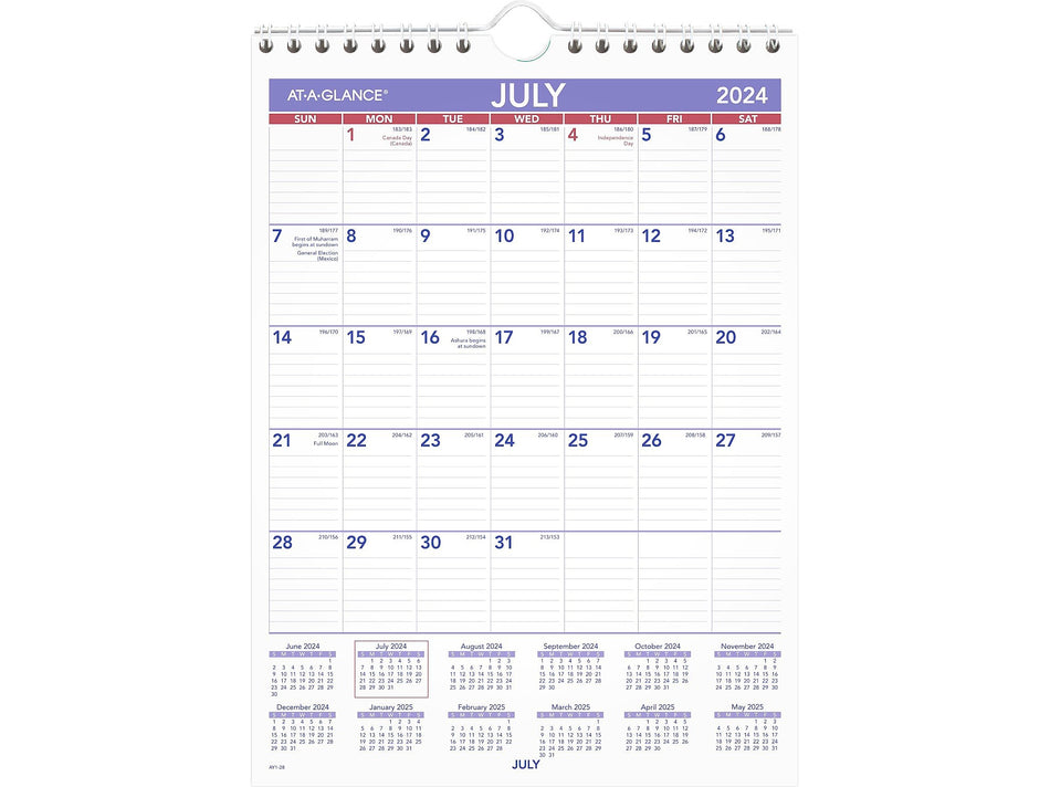 2024-2025 AT-A-GLANCE 8" x 11" Academic Monthly Wall Calendar, Purple/Red