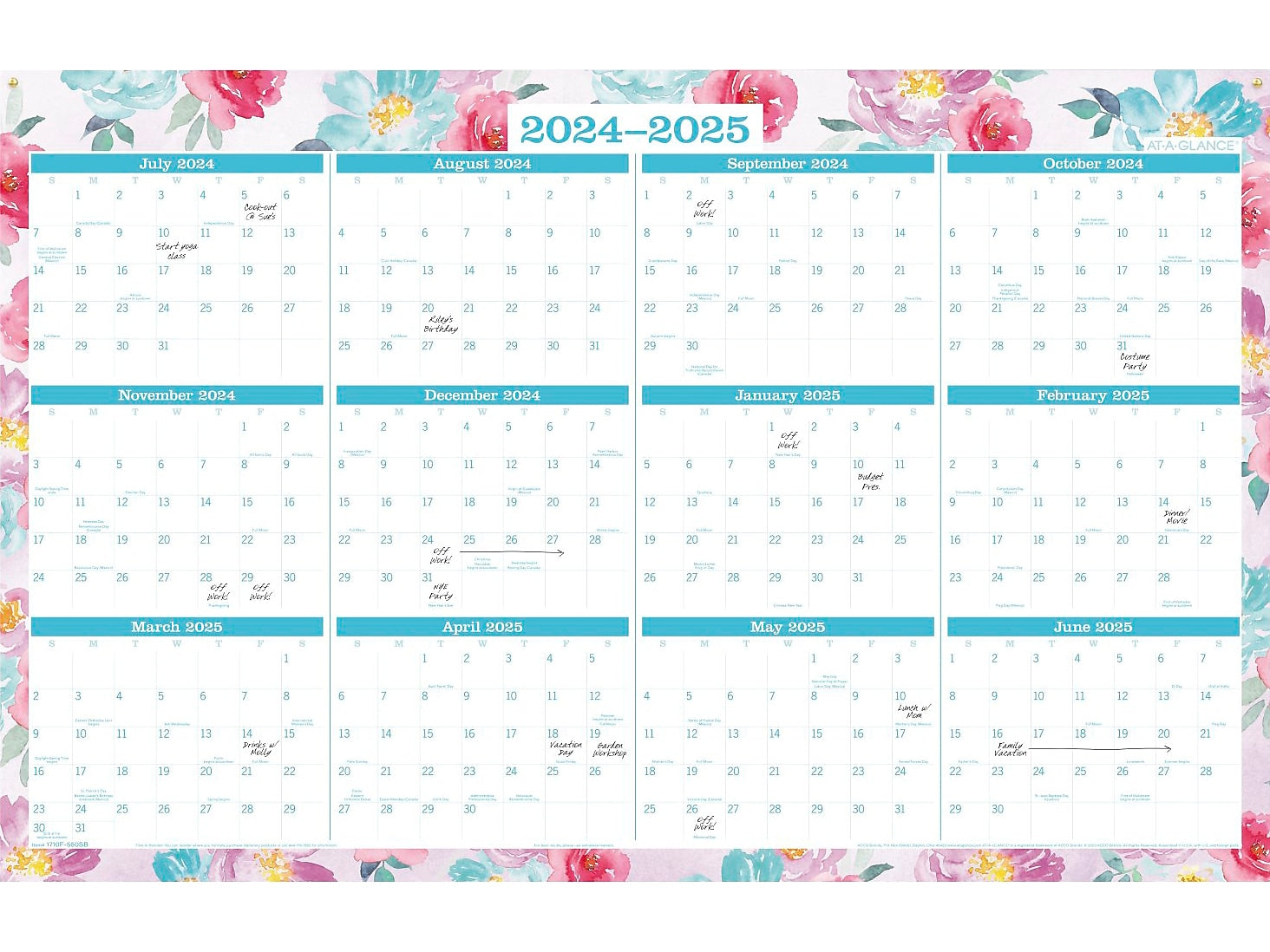 2024-2025 AT-A-GLANCE Badge Floral 36" x 24" Academic & Calendar Yearly Dry-Erase Wall Calendar, Reversible