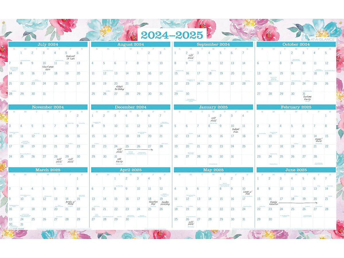 2024-2025 AT-A-GLANCE Badge Floral 36" x 24" Academic & Calendar Yearly Dry-Erase Wall Calendar, Reversible