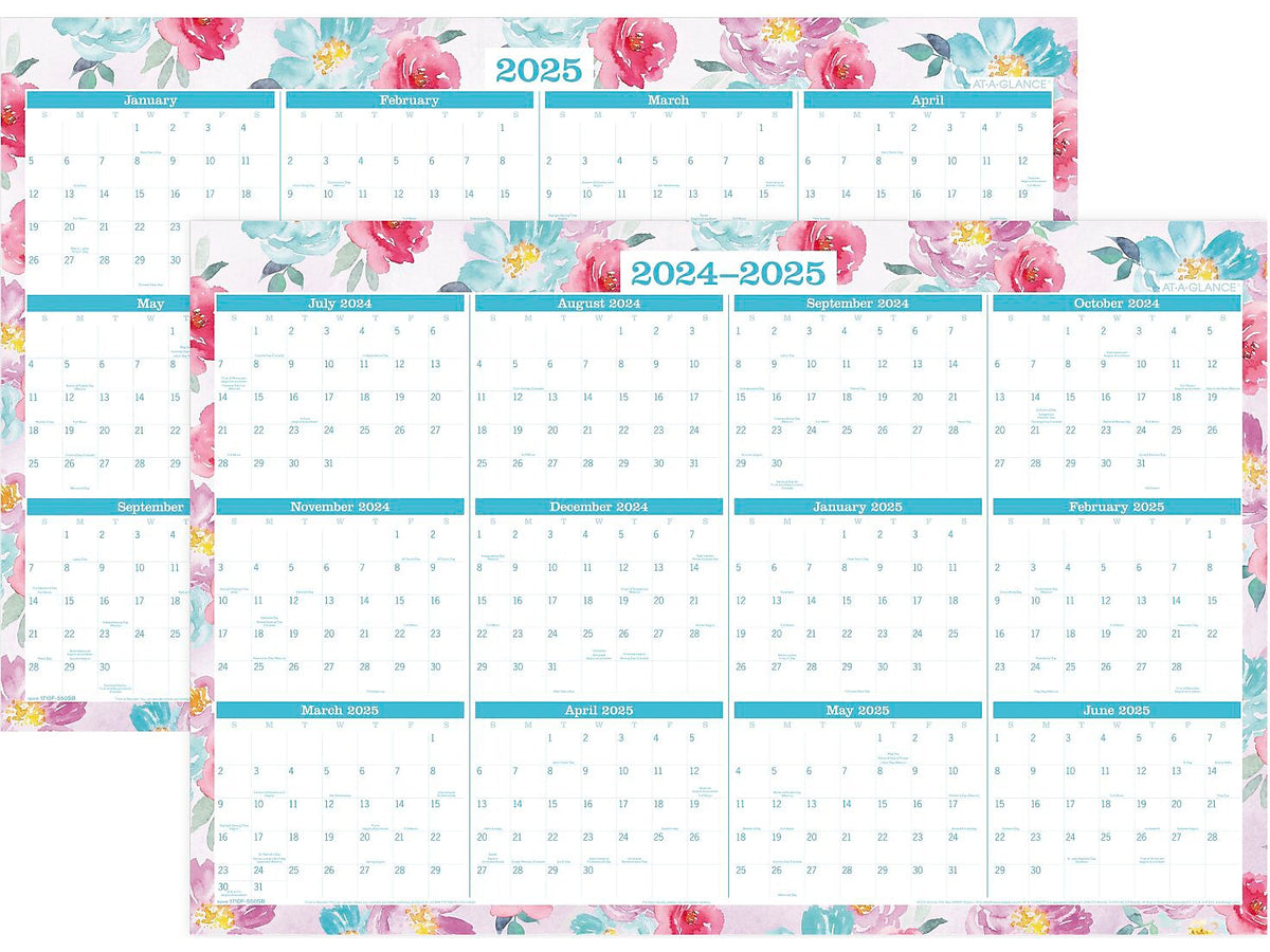 2024-2025 AT-A-GLANCE Badge Floral 36" x 24" Academic & Calendar Yearly Dry-Erase Wall Calendar, Reversible