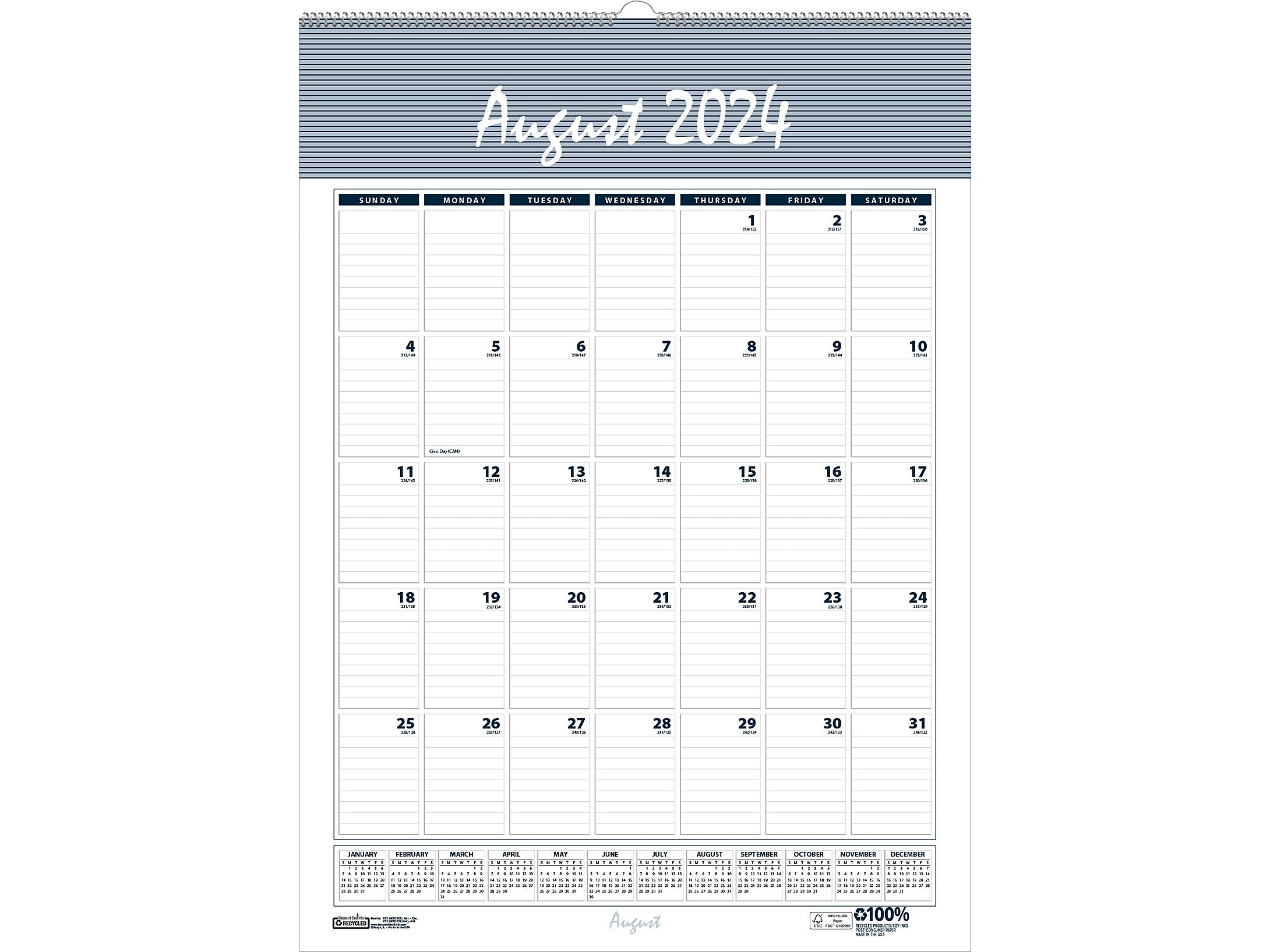 2024-2025 House of Doolittle Bar Harbor 31" x 21" Academic Monthly Wall Calendar, Wedgwood Blue/Gray