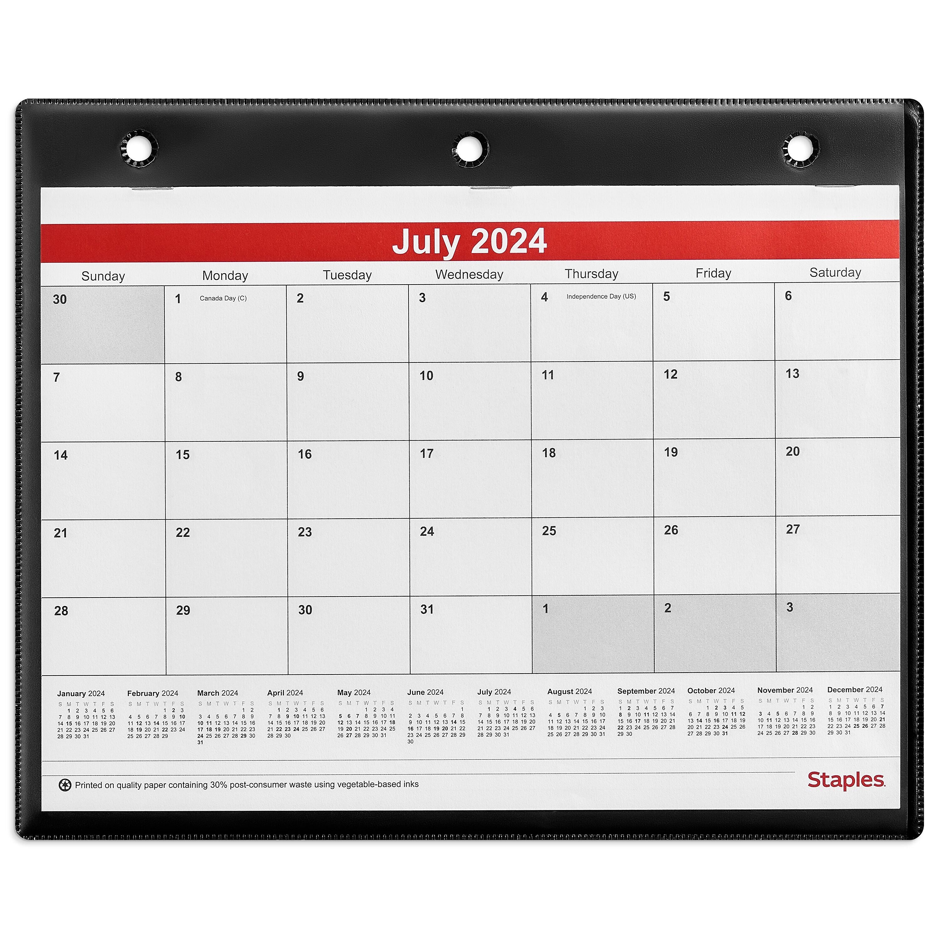 2024-2025 Staples 11" x 8" Monthly Desk/Wall Calendar, White/Red/Black