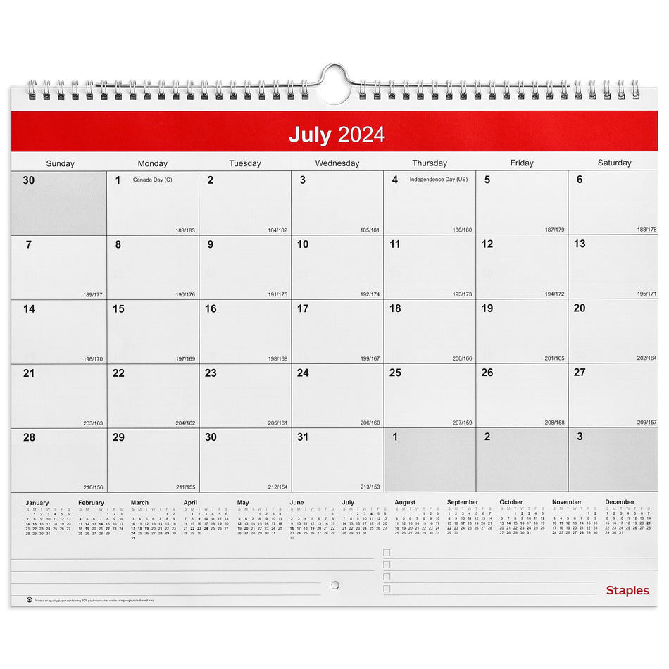 2024-2025 Staples 15" x 12" Academic Monthly Wall Calendar, Red/White