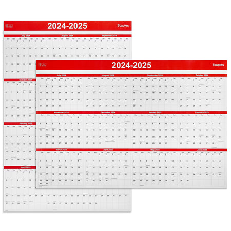 2024-2025 Staples 32" x 48" Academic Yearly Dry-Erase Wall Calendar, Red/White