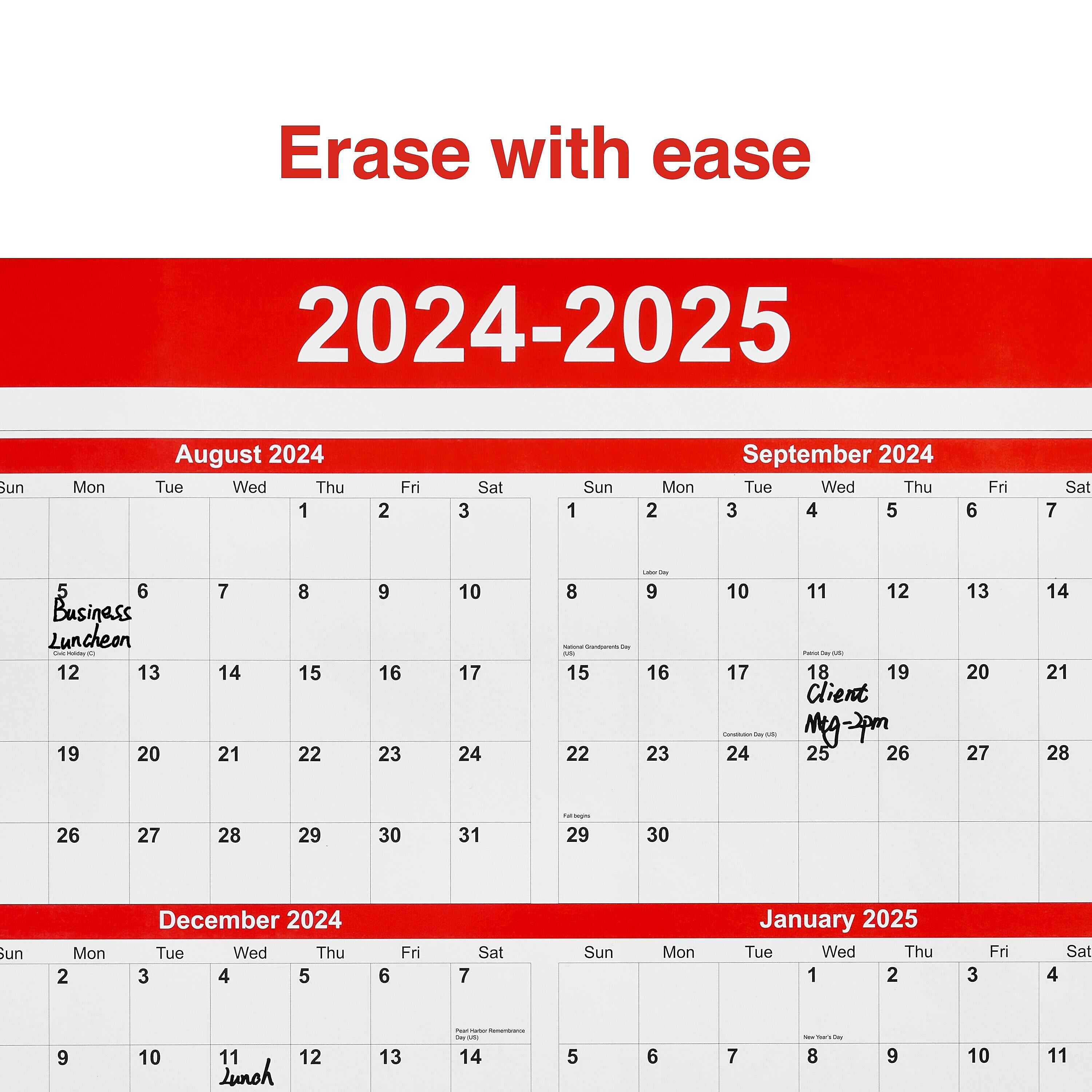 2024-2025 Staples 32" x 48" Academic Yearly Dry-Erase Wall Calendar, Red/White