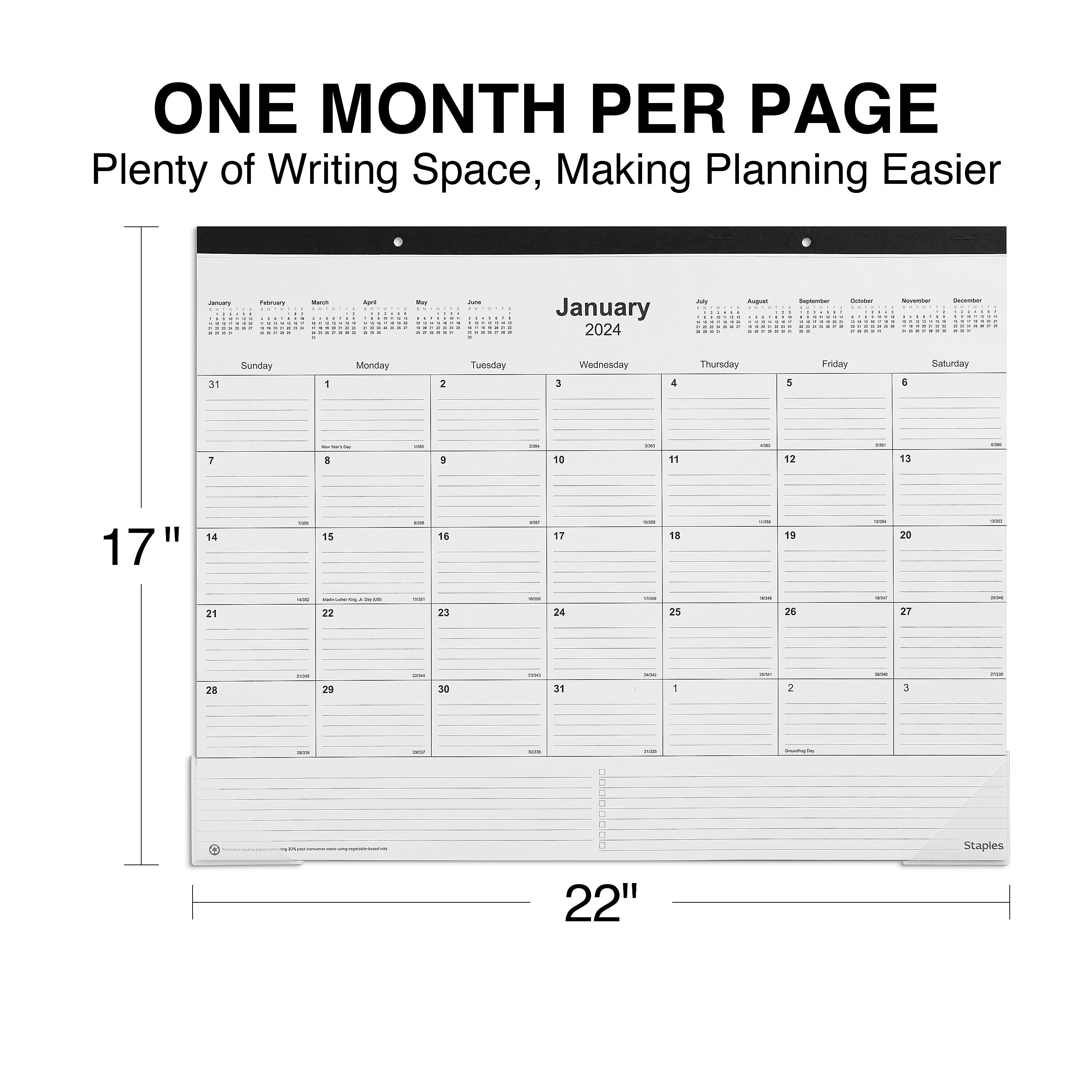 2024 Staples 22" x 17" Desk Pad Calendar, Black