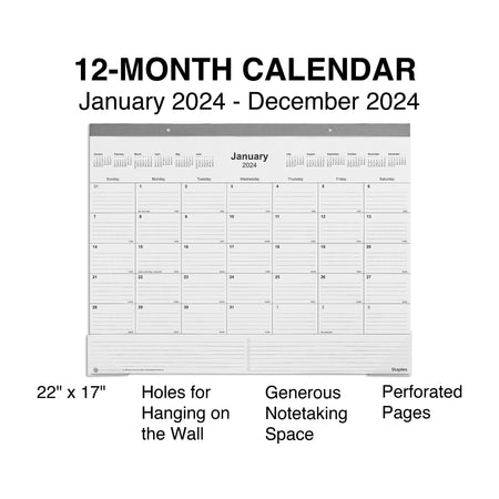 2024 Staples 22" x 17" Desk Pad Calendar, Gray