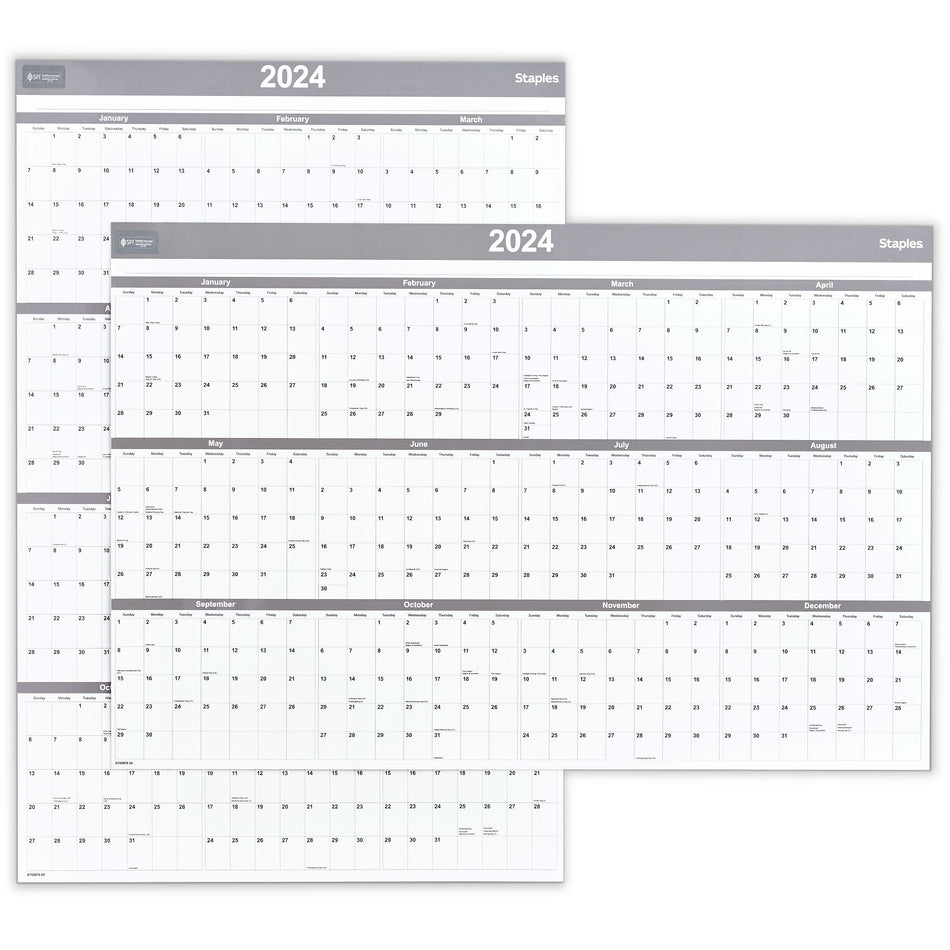 2025 Staples 36" x 24" Dry Erase Wall Calendar, Gray/White