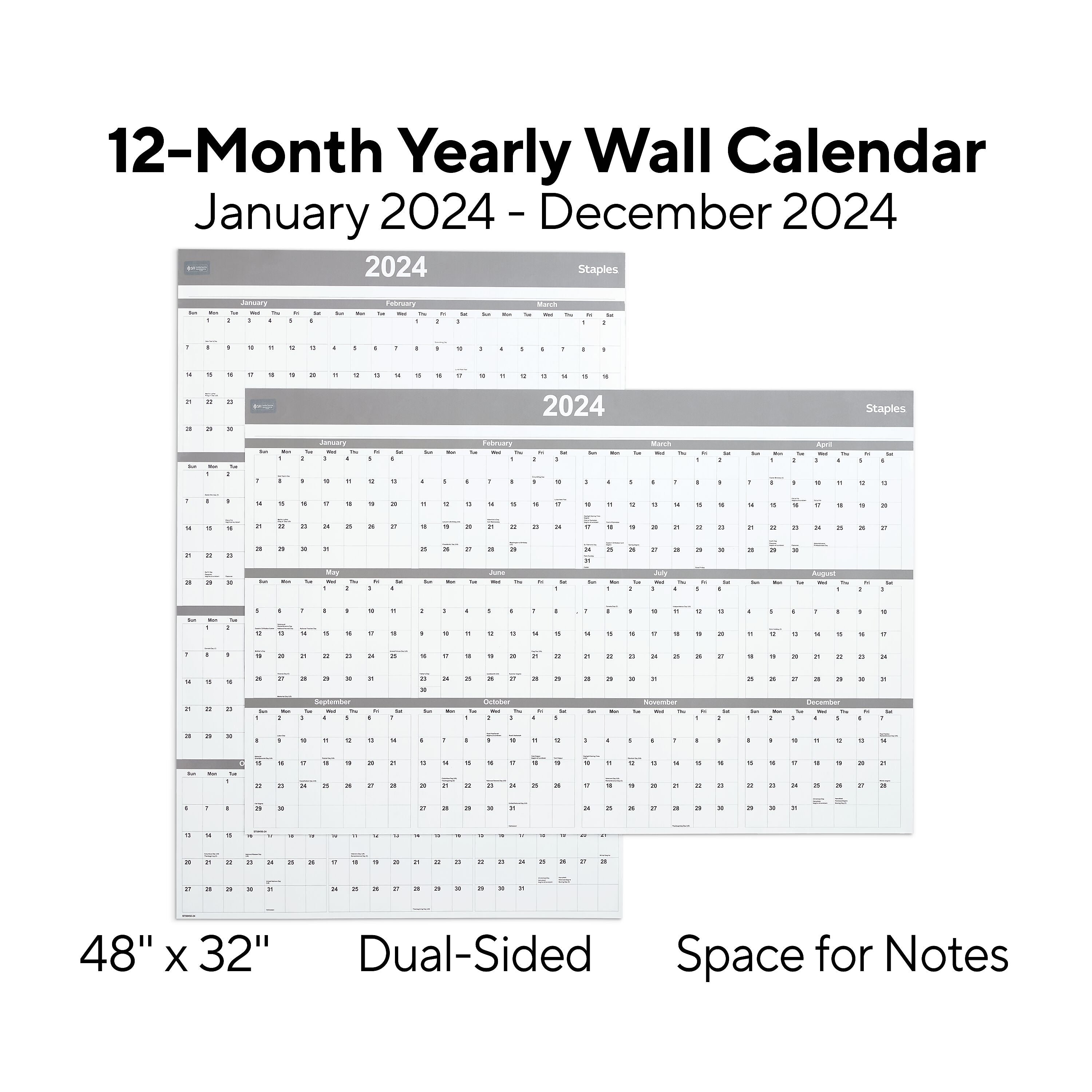 2025 Staples 48" x 32" Dry Erase Wall Calendar, Gray/White