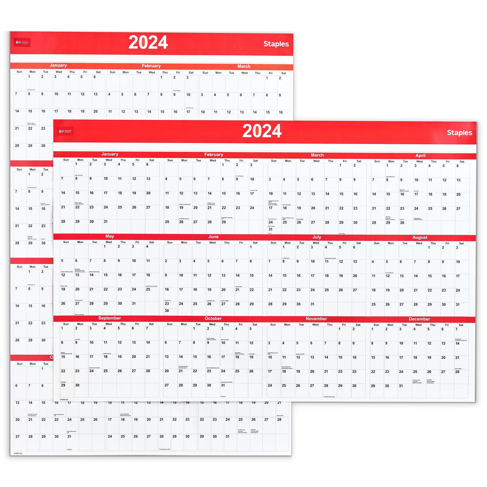 2025 Staples 48" x 32" Dry Erase Wall Calendar, Red/White