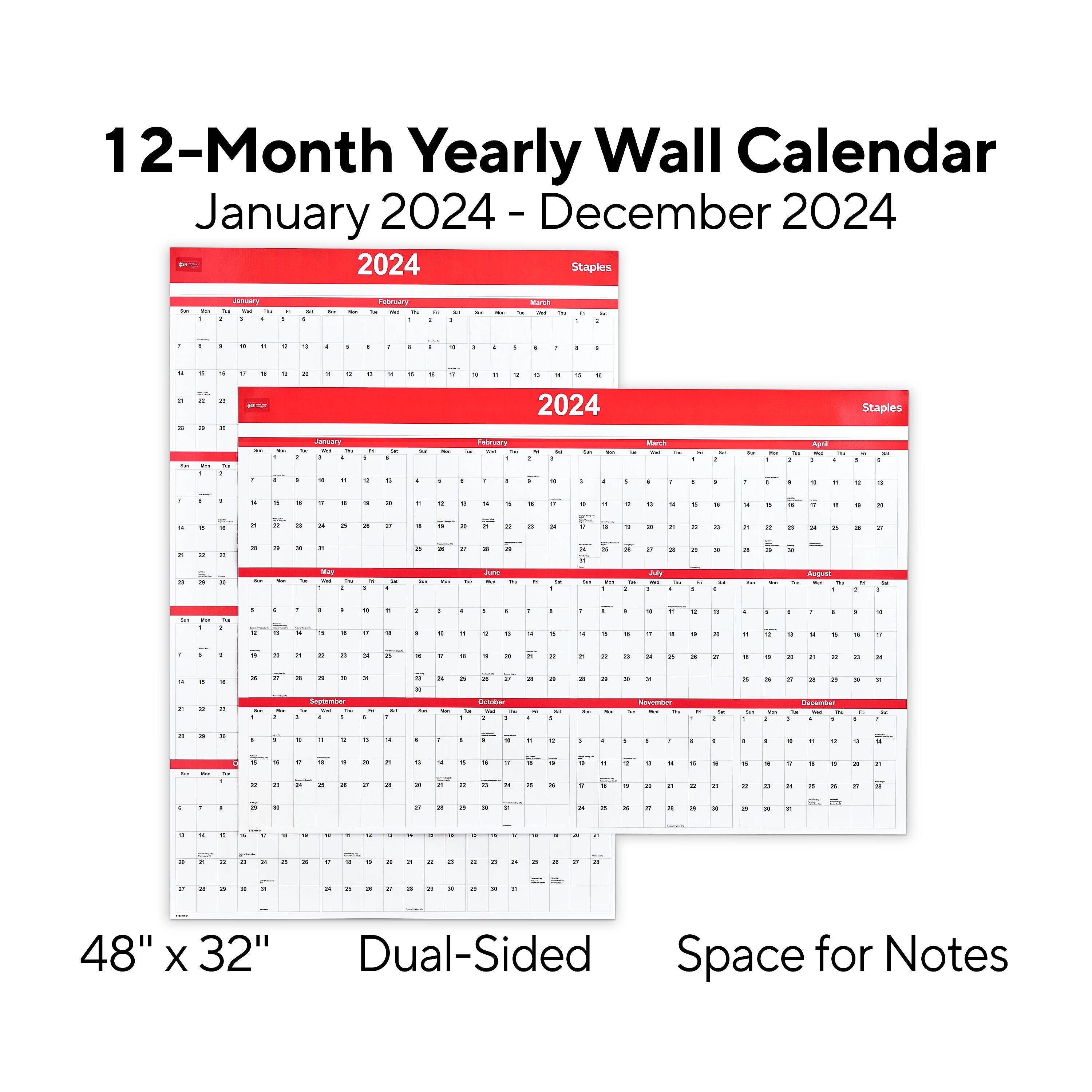 2025 Staples 48" x 32" Dry Erase Wall Calendar, Red/White