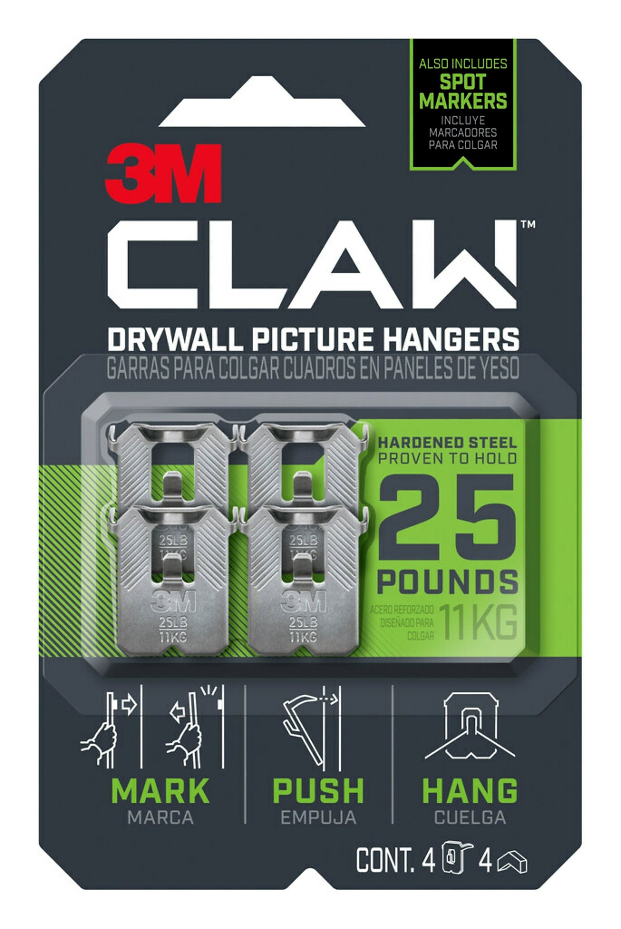 3M CLAW Drywall Hanger, 25 lbs., Silver, 4/Pack