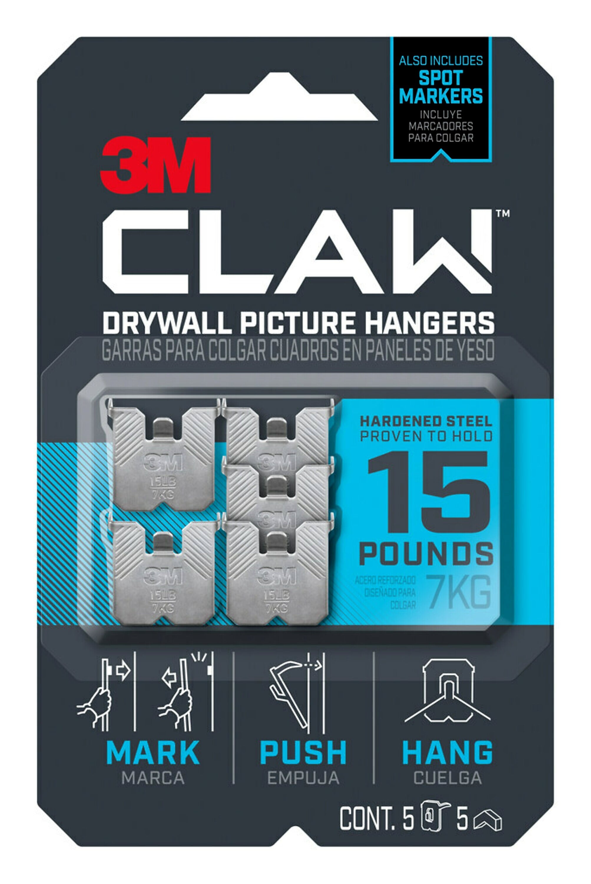 3M CLAW™ Drywall Picture Hanger with Temporary Spot Marker, Holds 15 lbs, 5 Hangers 5 Markers/Pack