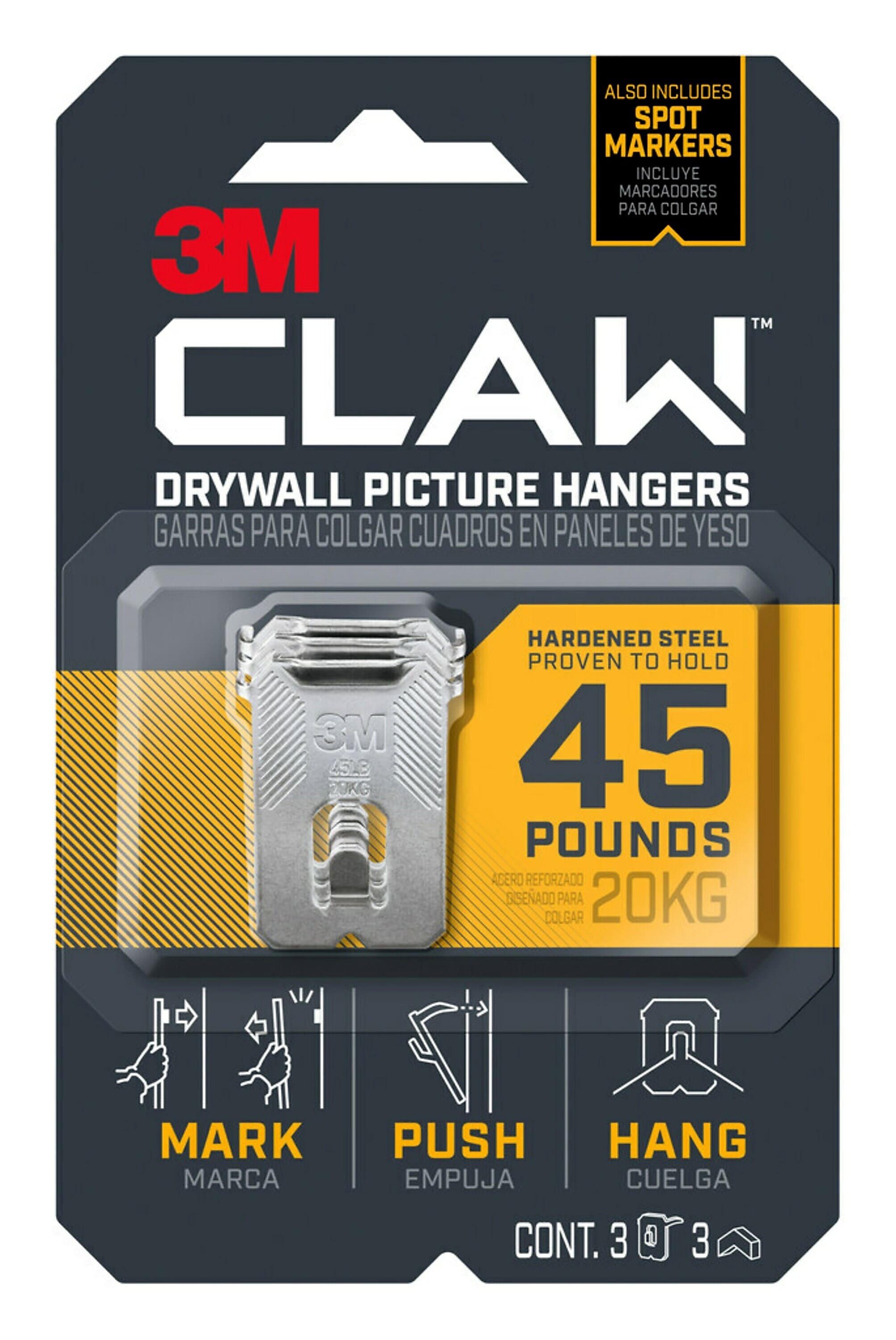 3M CLAW Jumbo Hanger, 45 lbs., Silver, 3/Pack