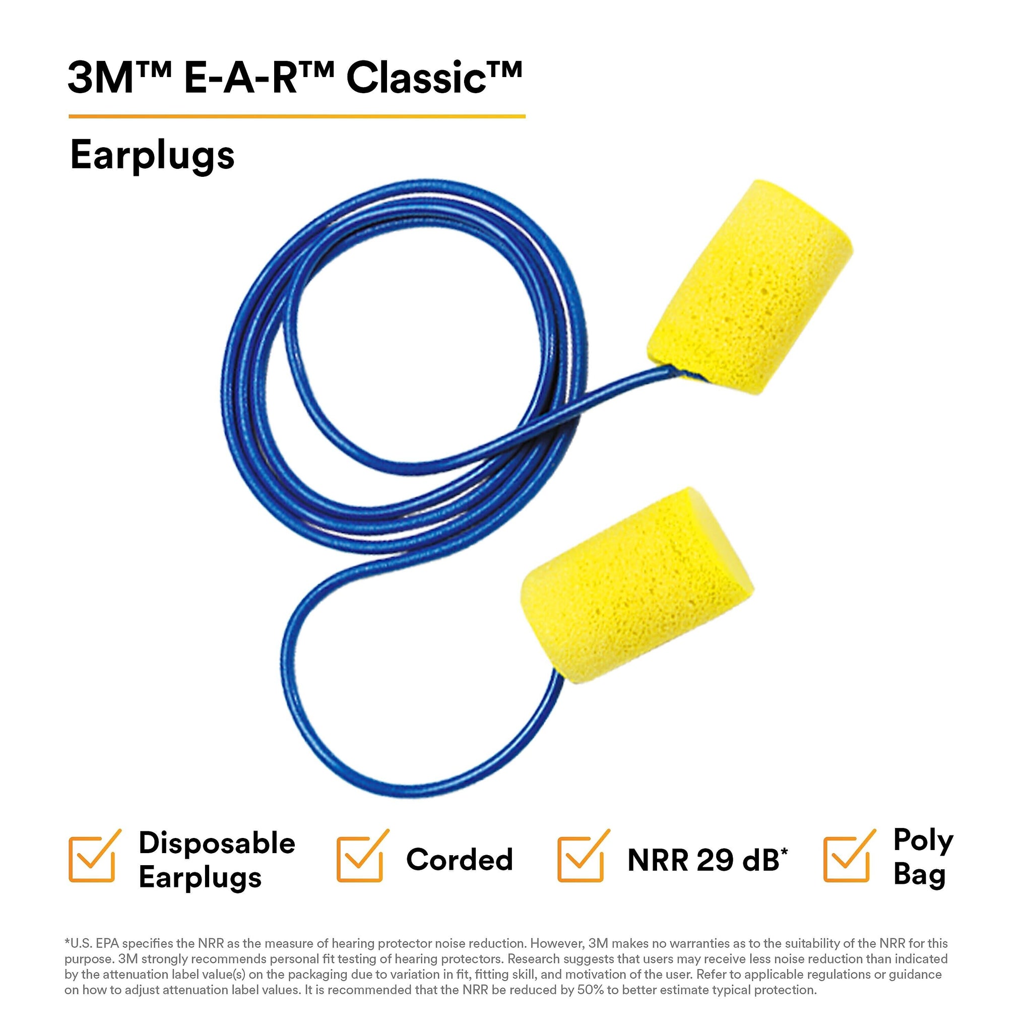 3M E-A-R Classic Earplugs, Corded, Poly Bag, 200 Pairs/Case
