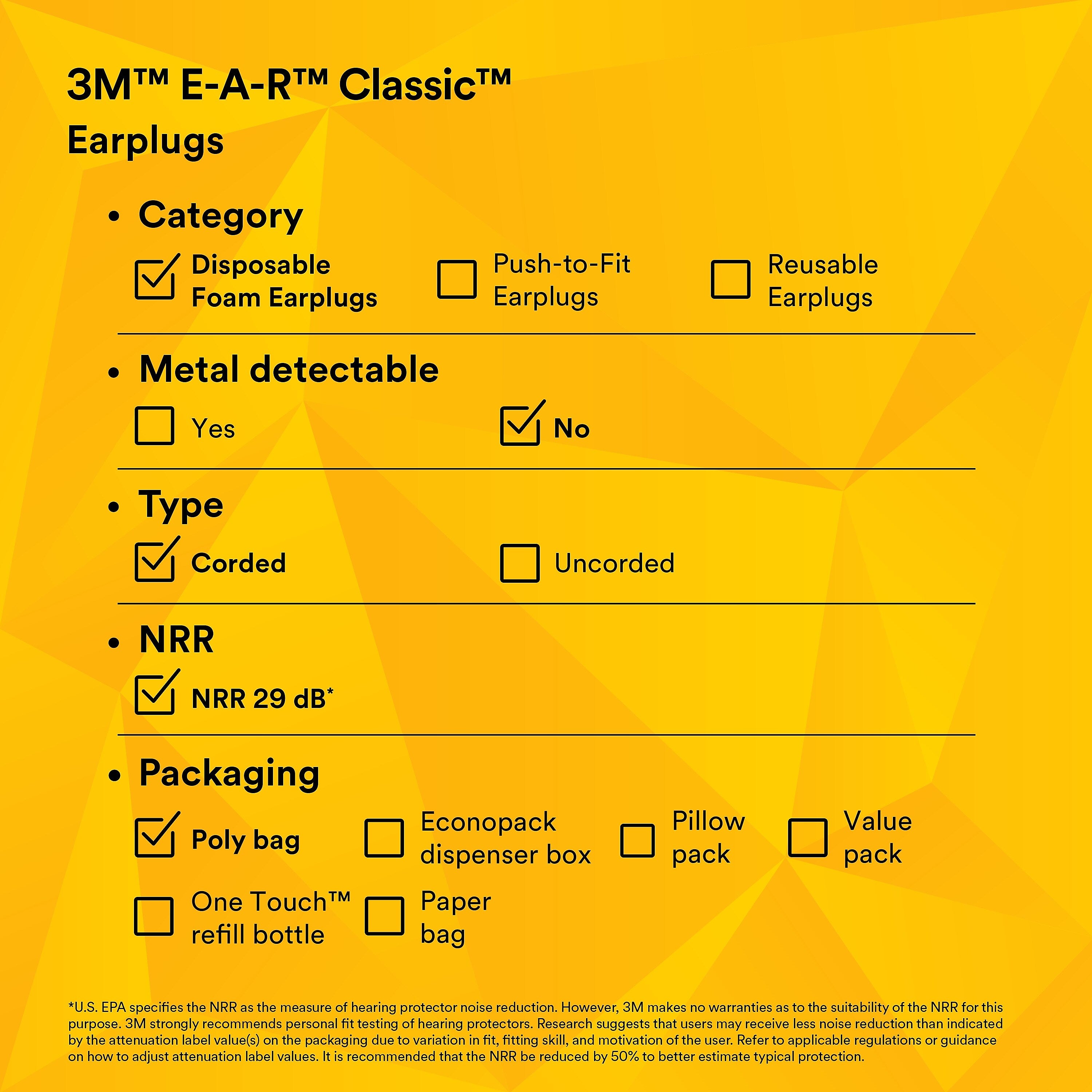 3M E-A-R Classic Earplugs, Corded, Poly Bag, 200 Pairs/Case