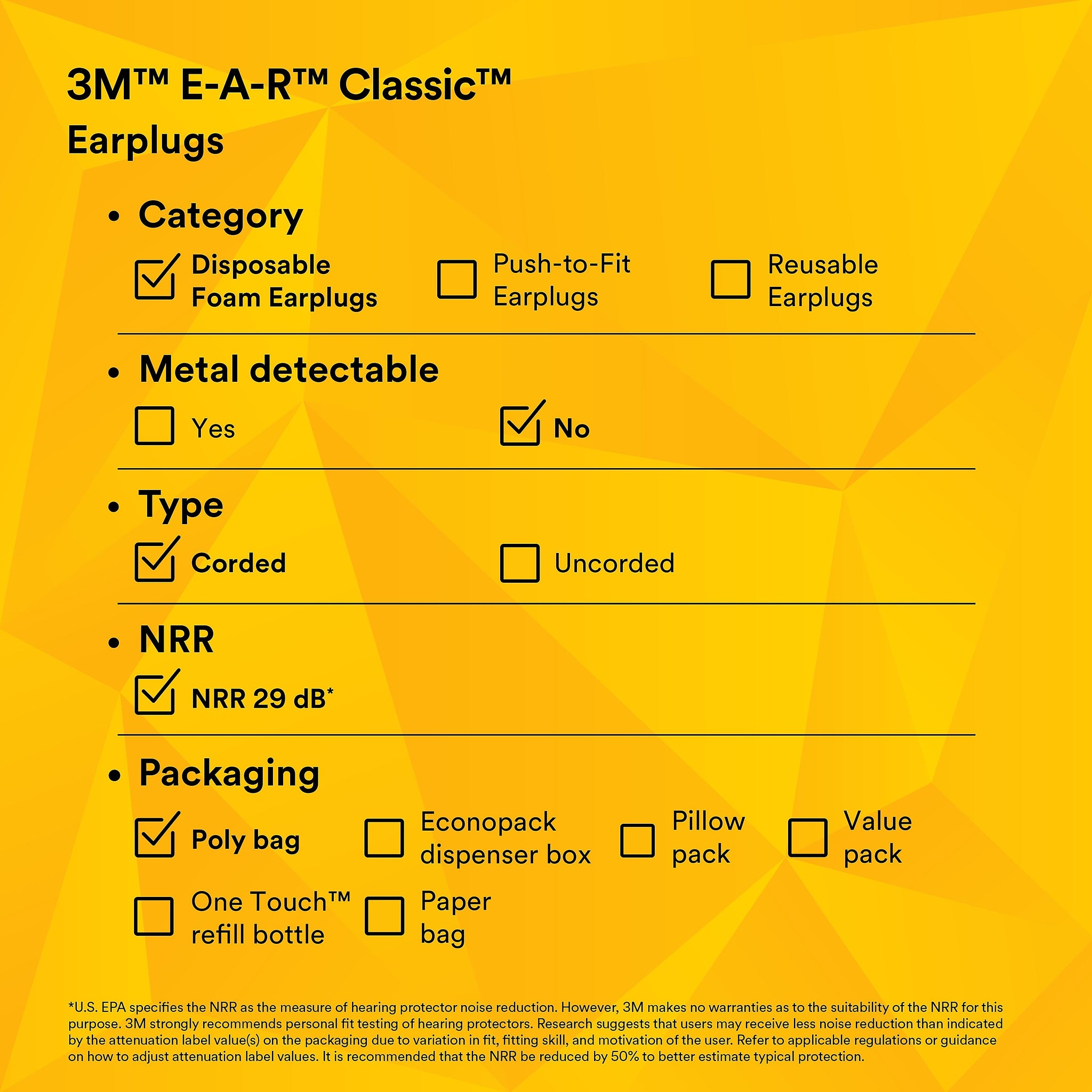 3M E-A-R Classic Earplugs, Corded, Poly Bag, 200 Pairs/Case