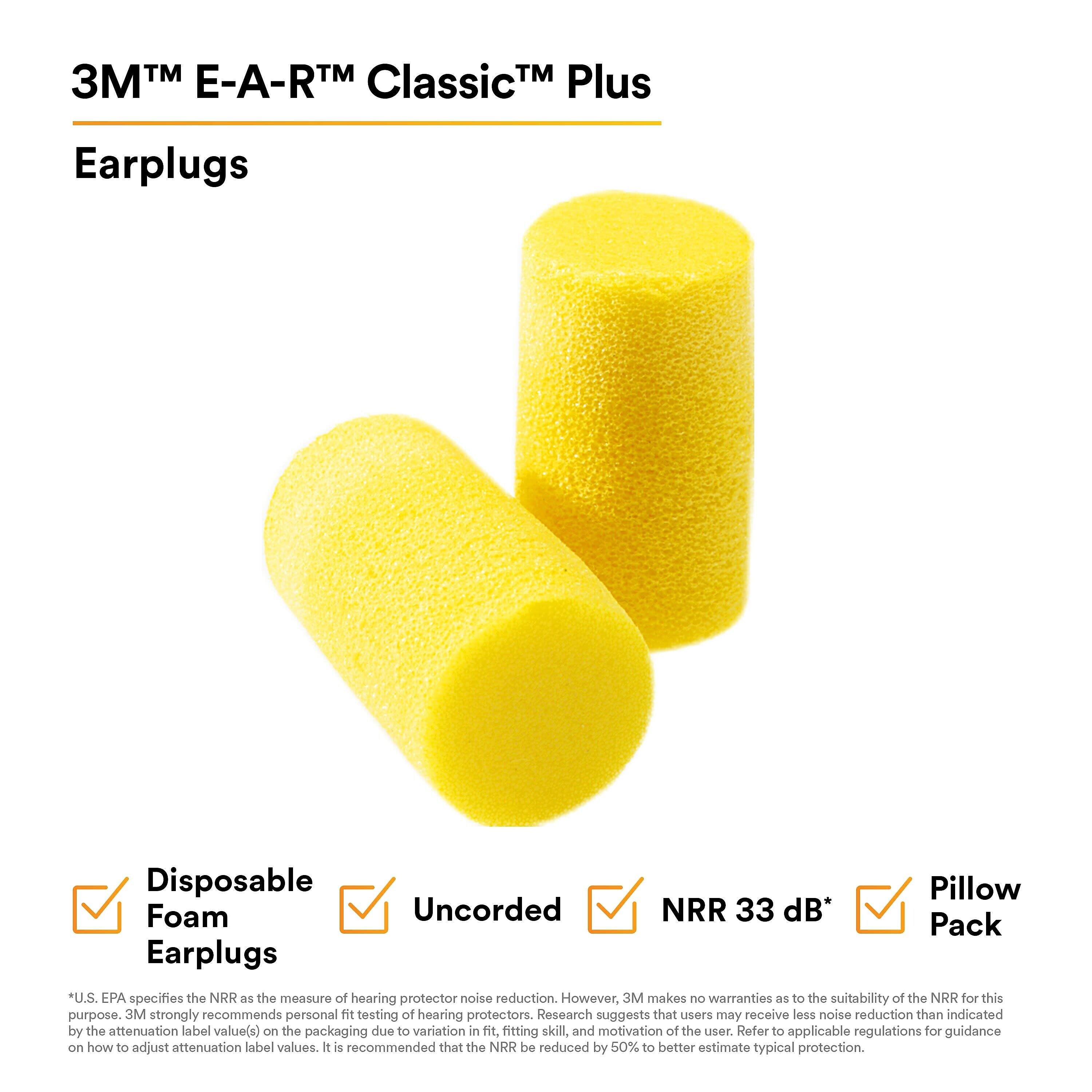 3M E-A-R Classic Plus Earplugs, Uncorded, Pillow Pack, 200 Pairs/Case