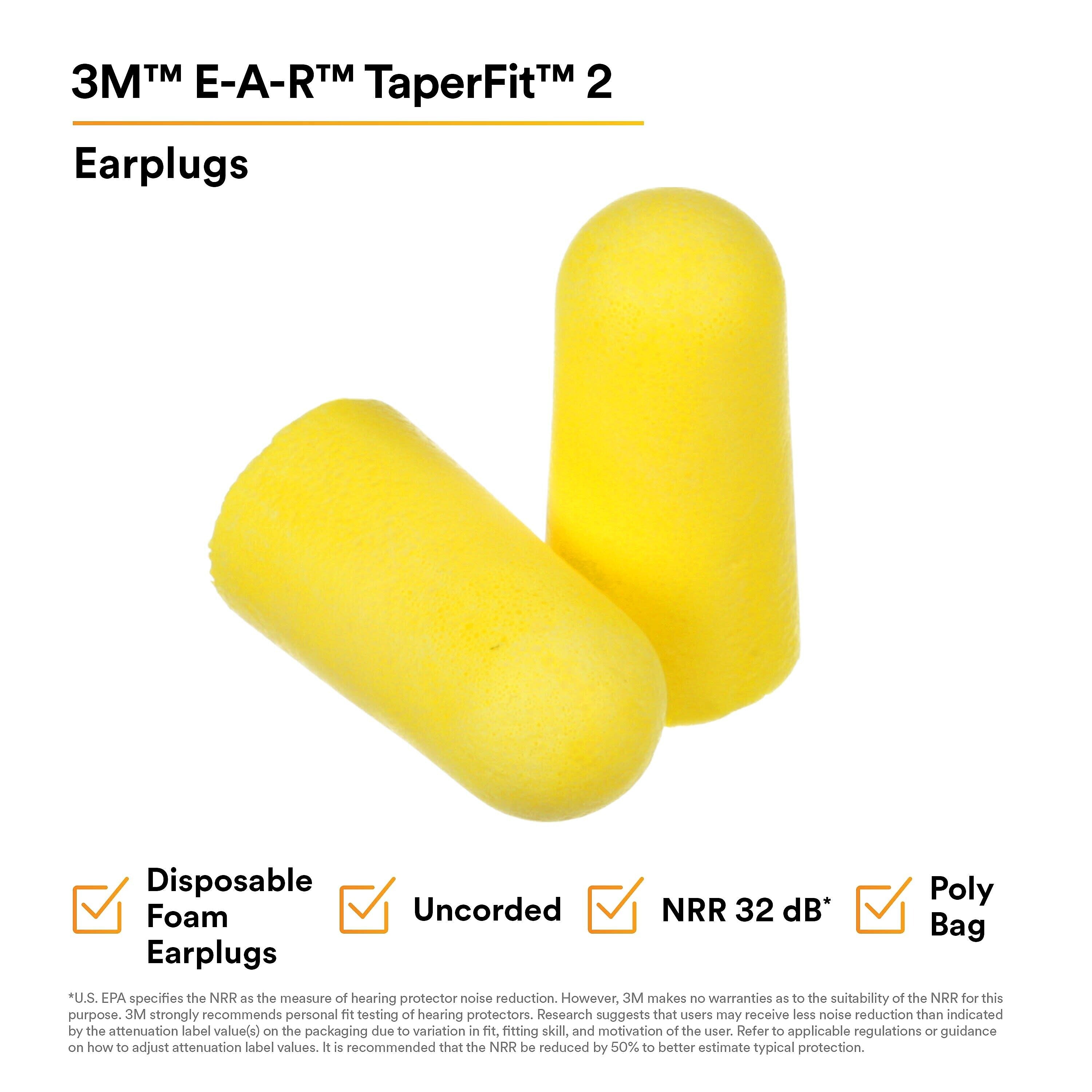 3M E-A-R TaperFit 2 Uncorded Earplugs, 200 Pairs/Box