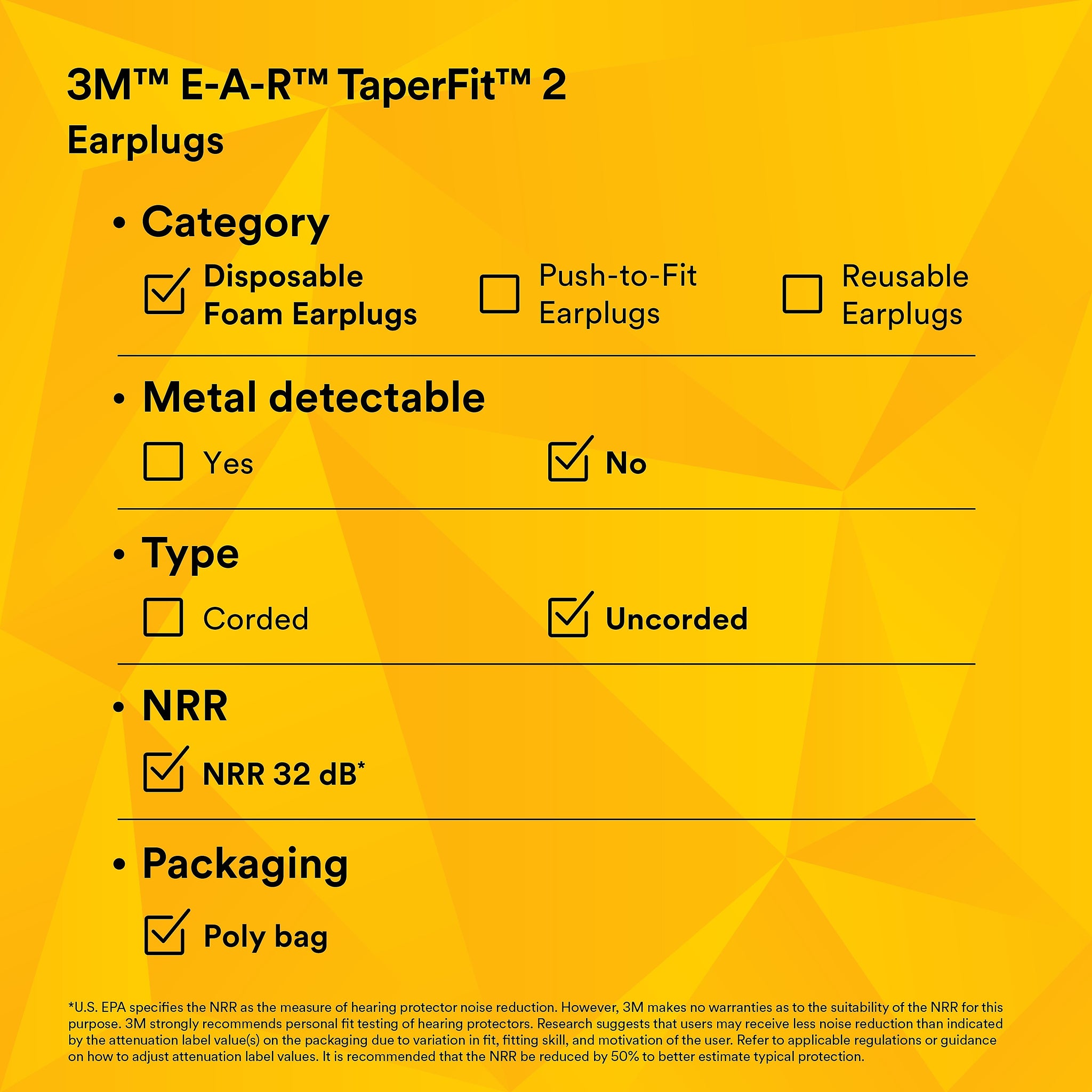 3M E-A-R TaperFit 2 Uncorded Earplugs, 200 Pairs/Box