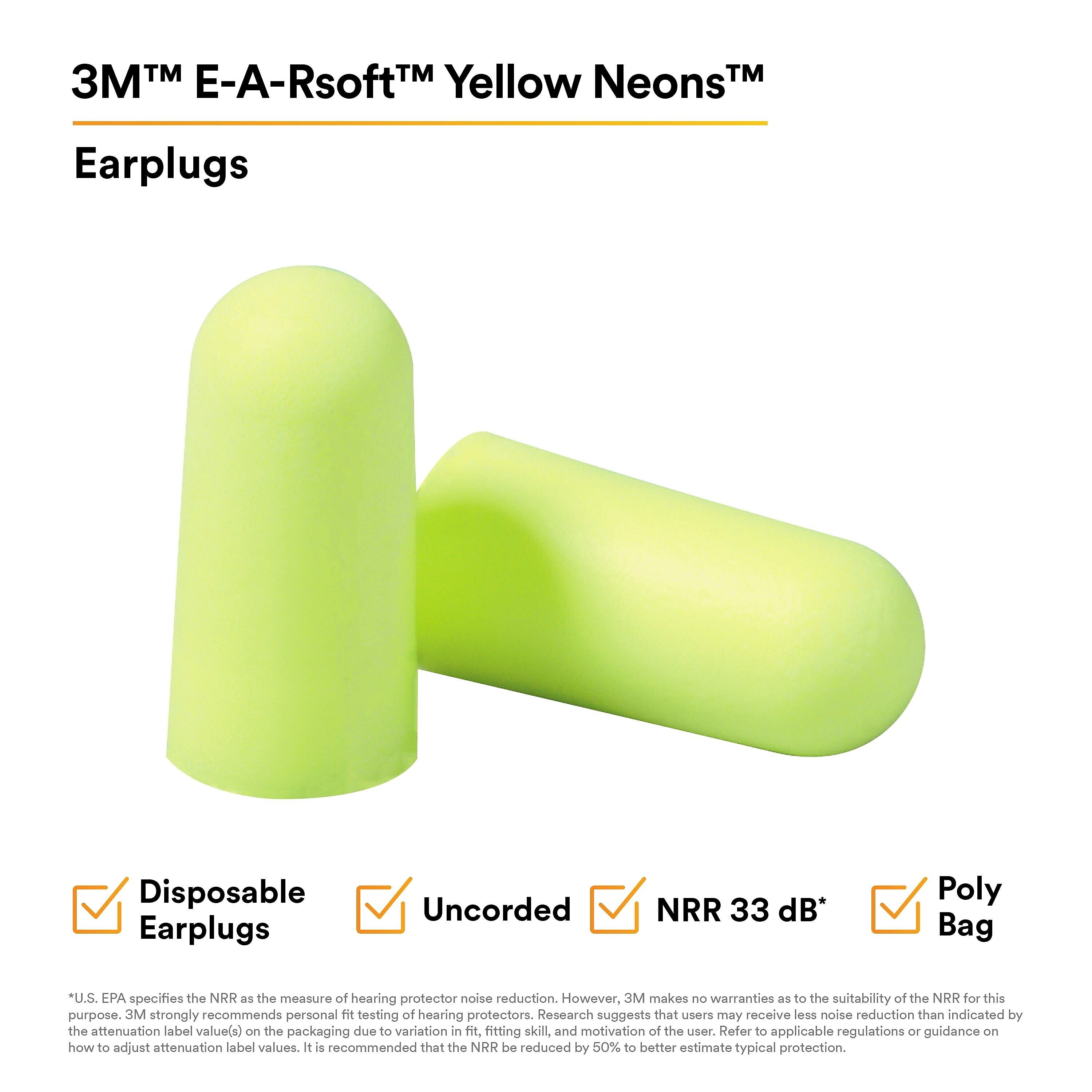 3M E-A-Rsoft Yellow Neons Earplugs 312-1250, Uncorded, Poly Bag, 200 Pairs/Case