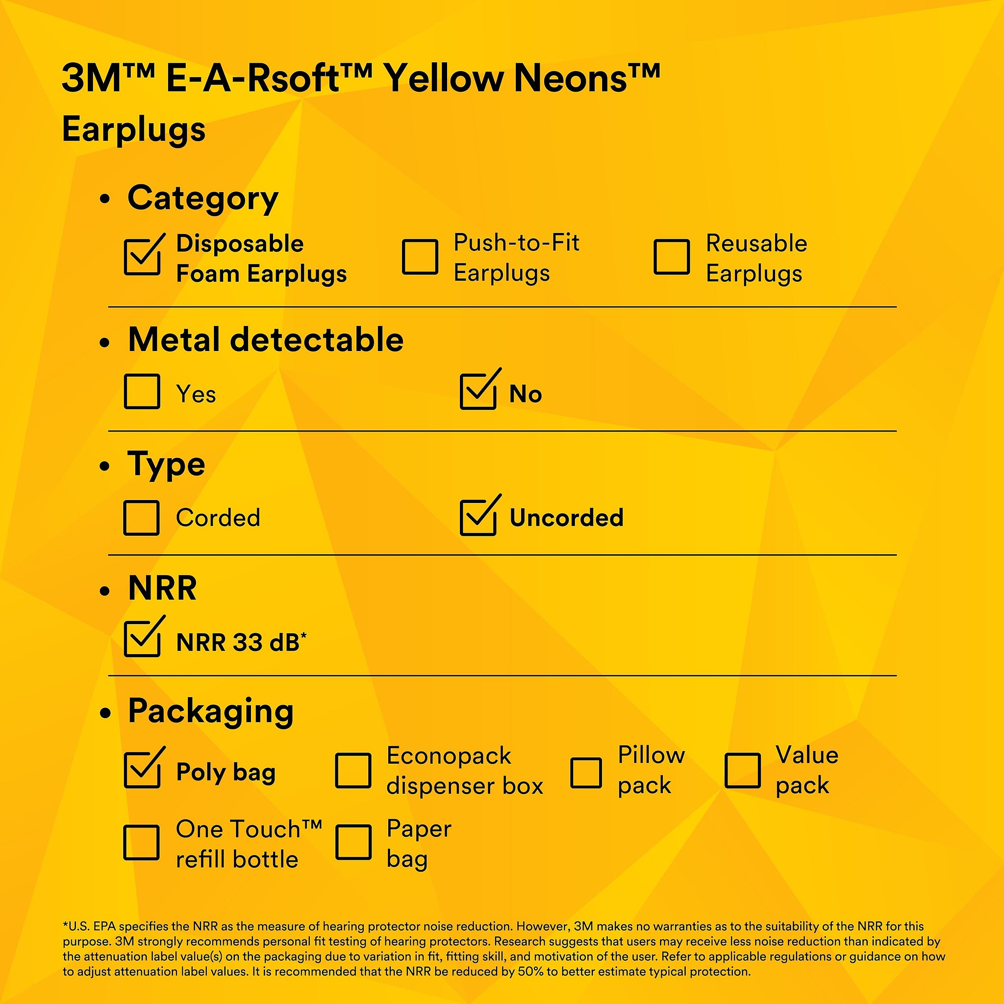 3M E-A-Rsoft Yellow Neons Earplugs 312-1250, Uncorded, Poly Bag, 200 Pairs/Case