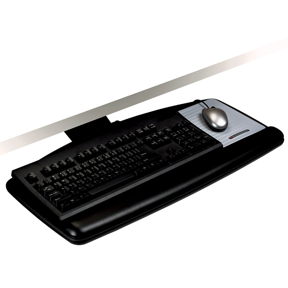 3M Knob Adjust Keyboard Tray, 25.5" x 12" Wood Platform, 17" Track, Black, Wrist Rest and Mouse Pad