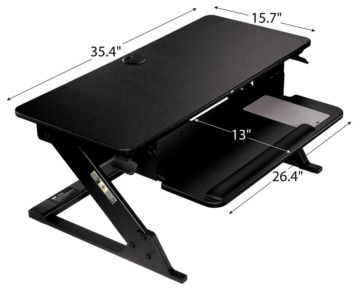 3M Precision Standing Desk 35"W Manual Adjustable Desk Riser with Gel Wrist Rest and Precise Mouse Pad, Black