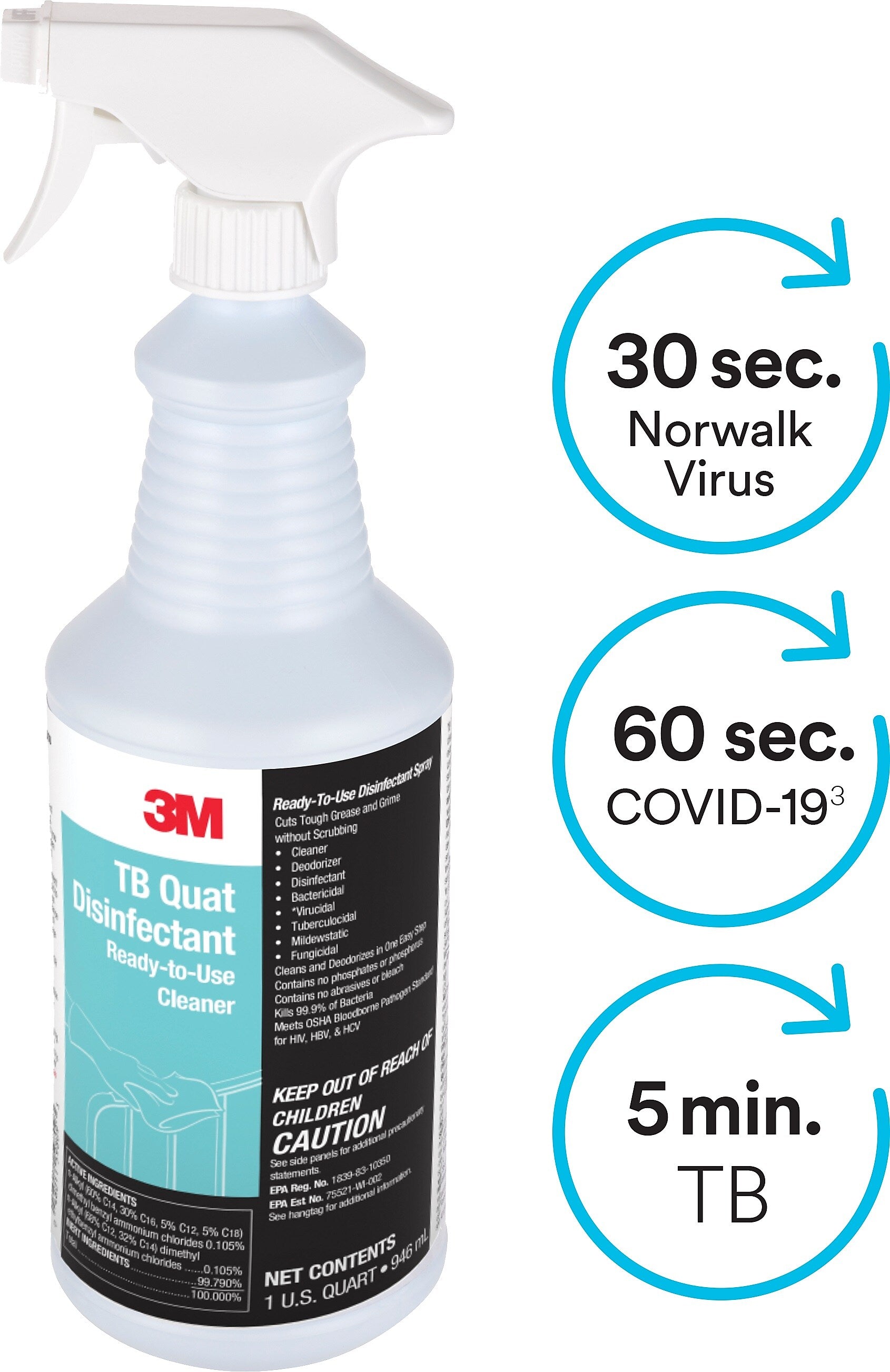 3M TB Quat Disinfectant Ready-To-Use Cleaner, Lemon, 32 oz., 12/Carton